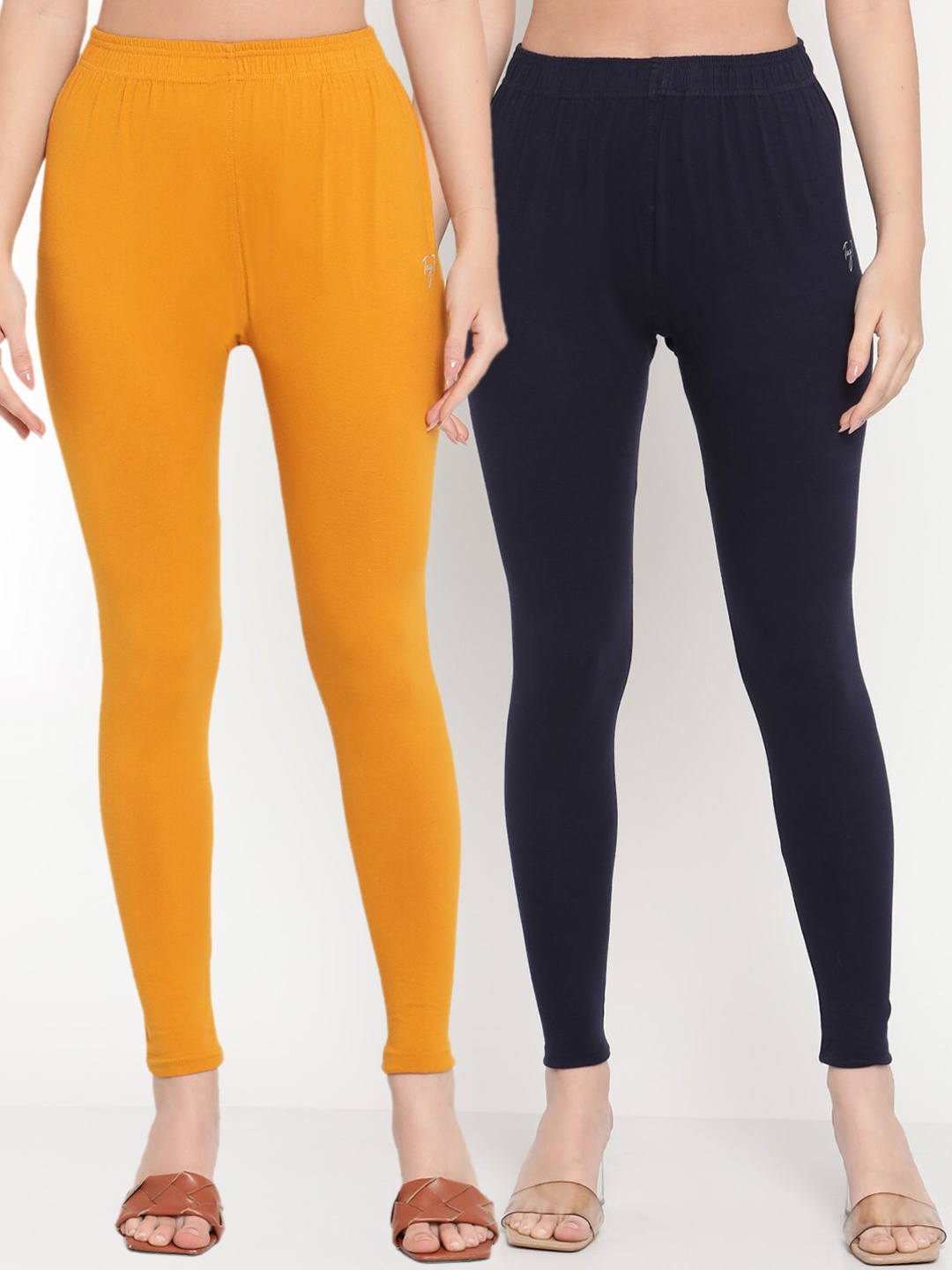

TAG 7 Women Pack Of 2 Solid Comfort-Fit Ankle-Length Leggings, Mustard