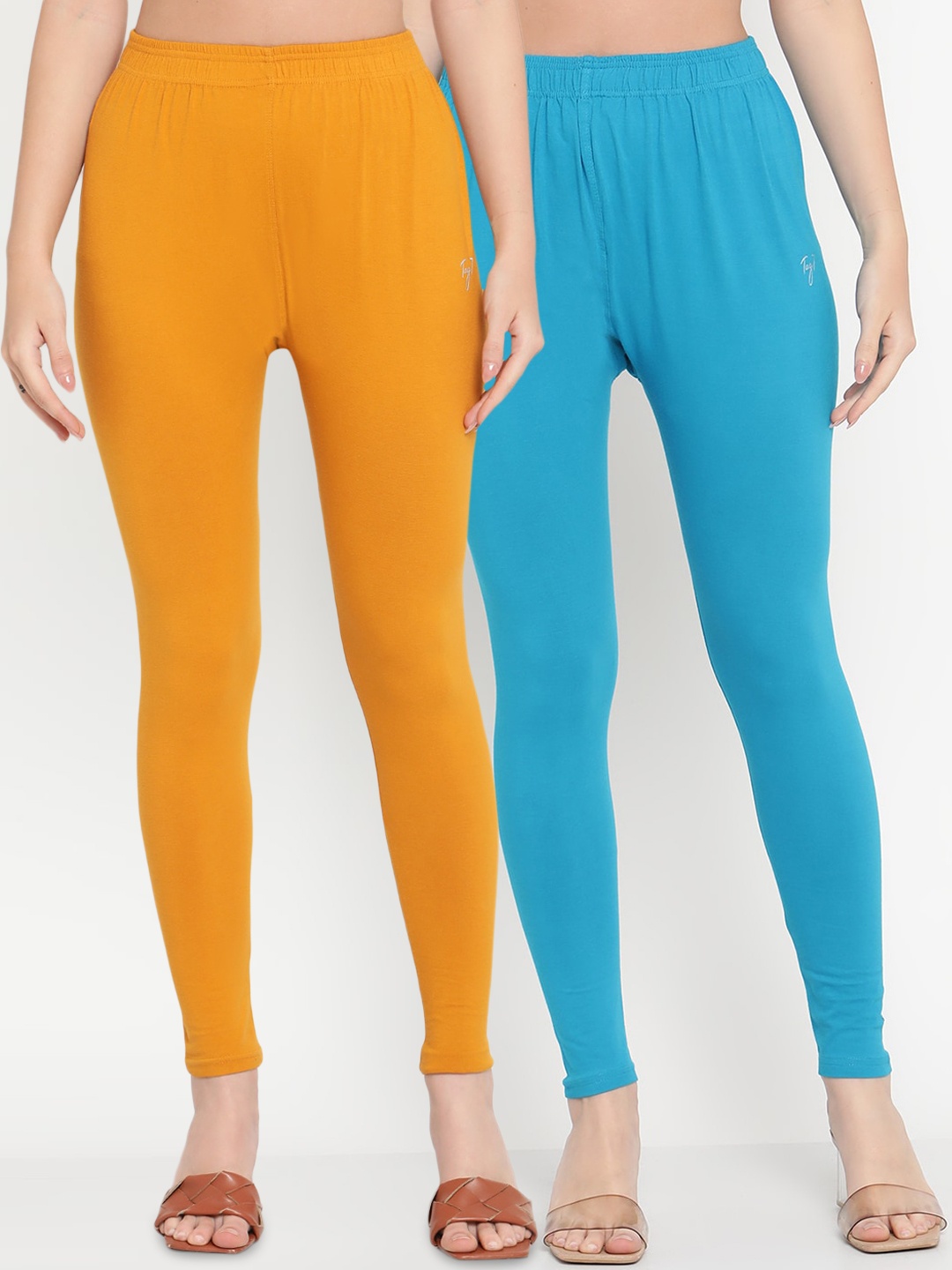 

TAG 7 Women Pack Of 2 Mustard Yellow & Blue Solid Comfort-Fit Ankle-Length Leggings