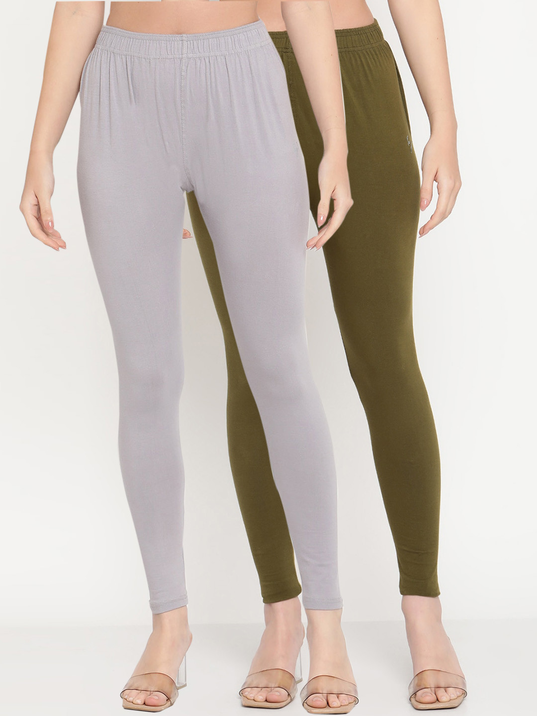 

TAG 7 Women Pack of 2 Olive & Grey Solid Ankle Length Leggings