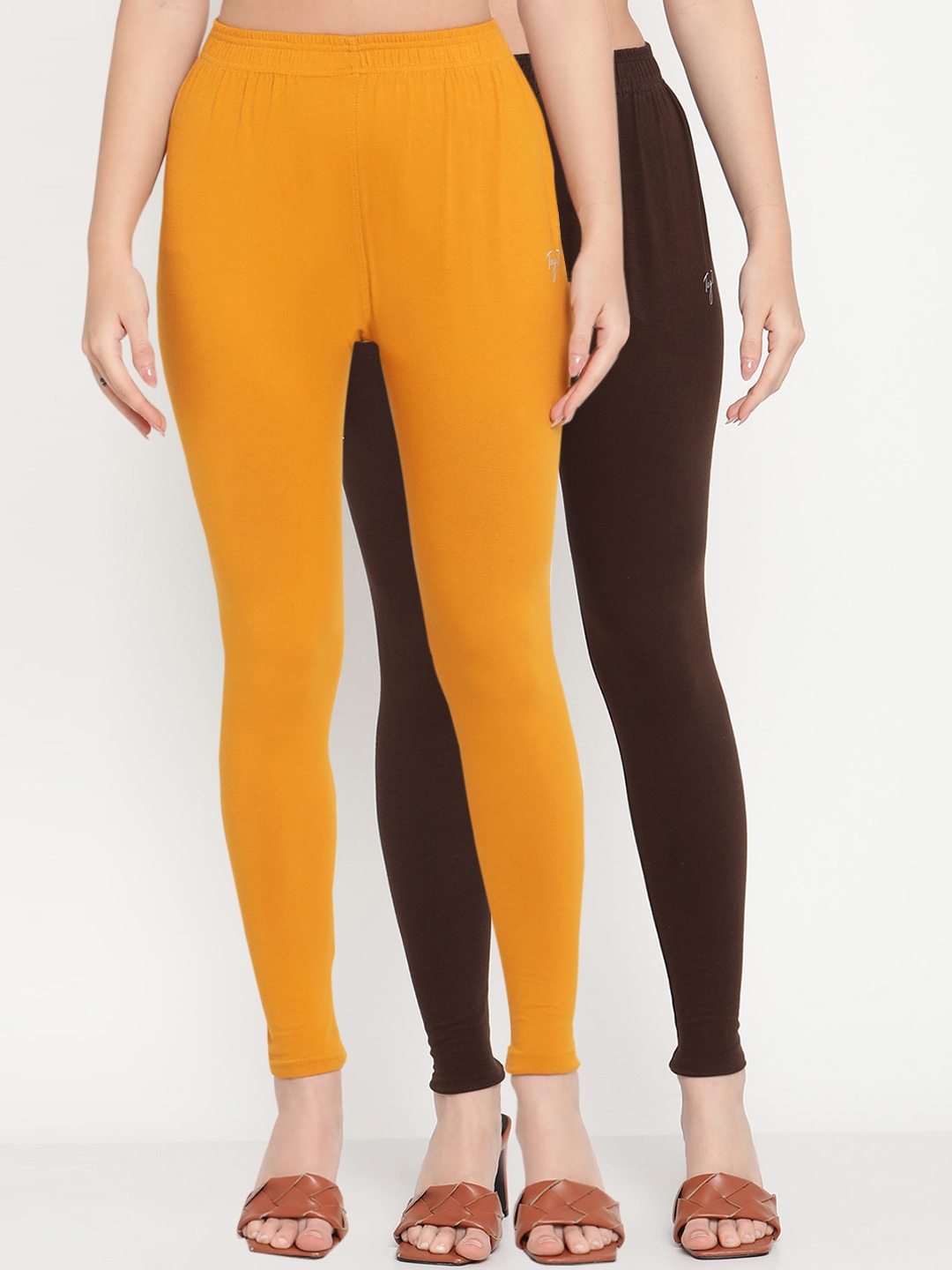 

TAG 7 Women Pack of 2 Solid Leggings, Mustard