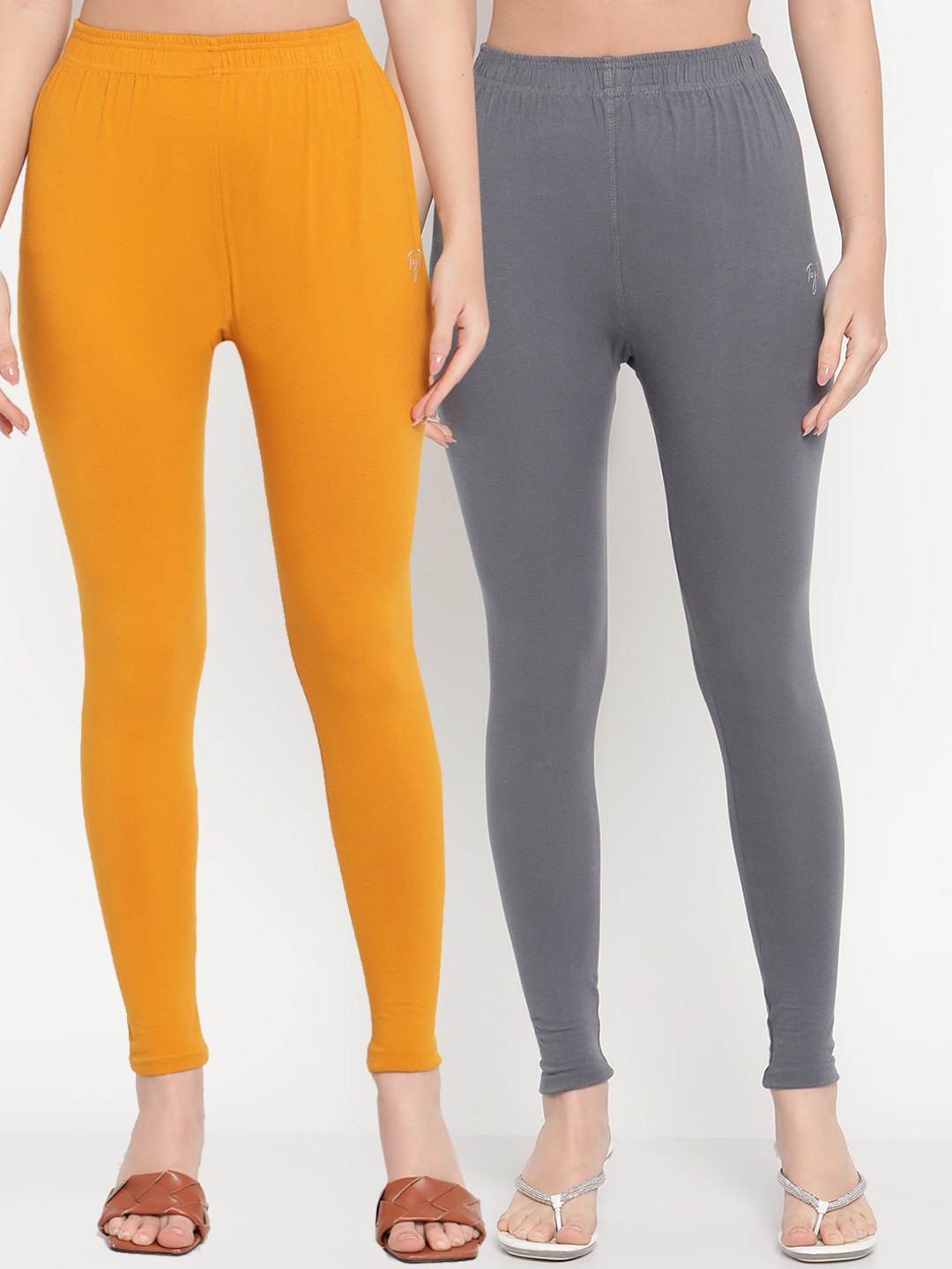 

TAG 7 Women Pack Of 2 Mustard Yellow Solid Comfort-Fit Ankle-Length Leggings