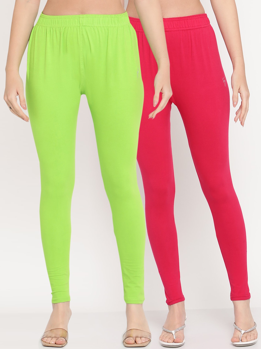 

TAG 7 Women Pack Of 2 Solid Ankle-Length Comfort Fit Leggings, Lime green