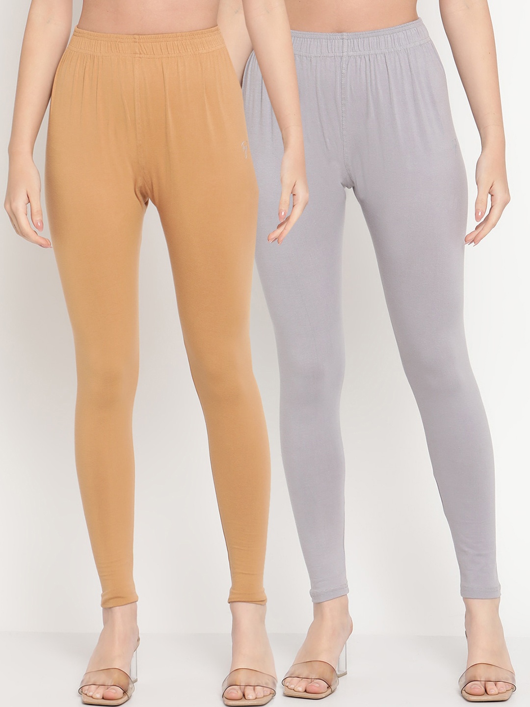 

TAG 7 Women Pack Of 2 Grey & Beige Solid Ankle-Length Leggings