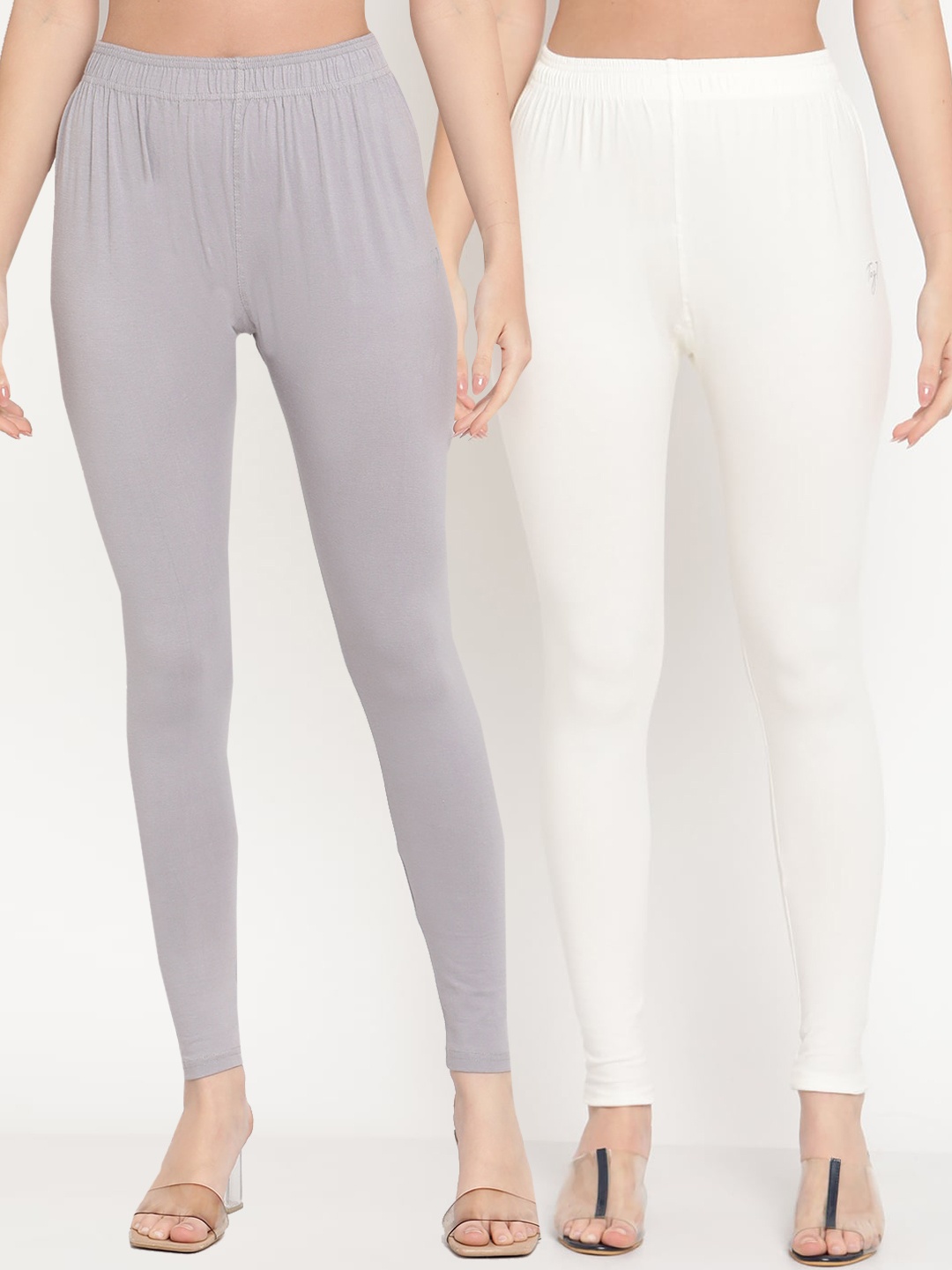

TAG 7 Women Pack of 2 White & Grey Solid Ankle Length Leggings