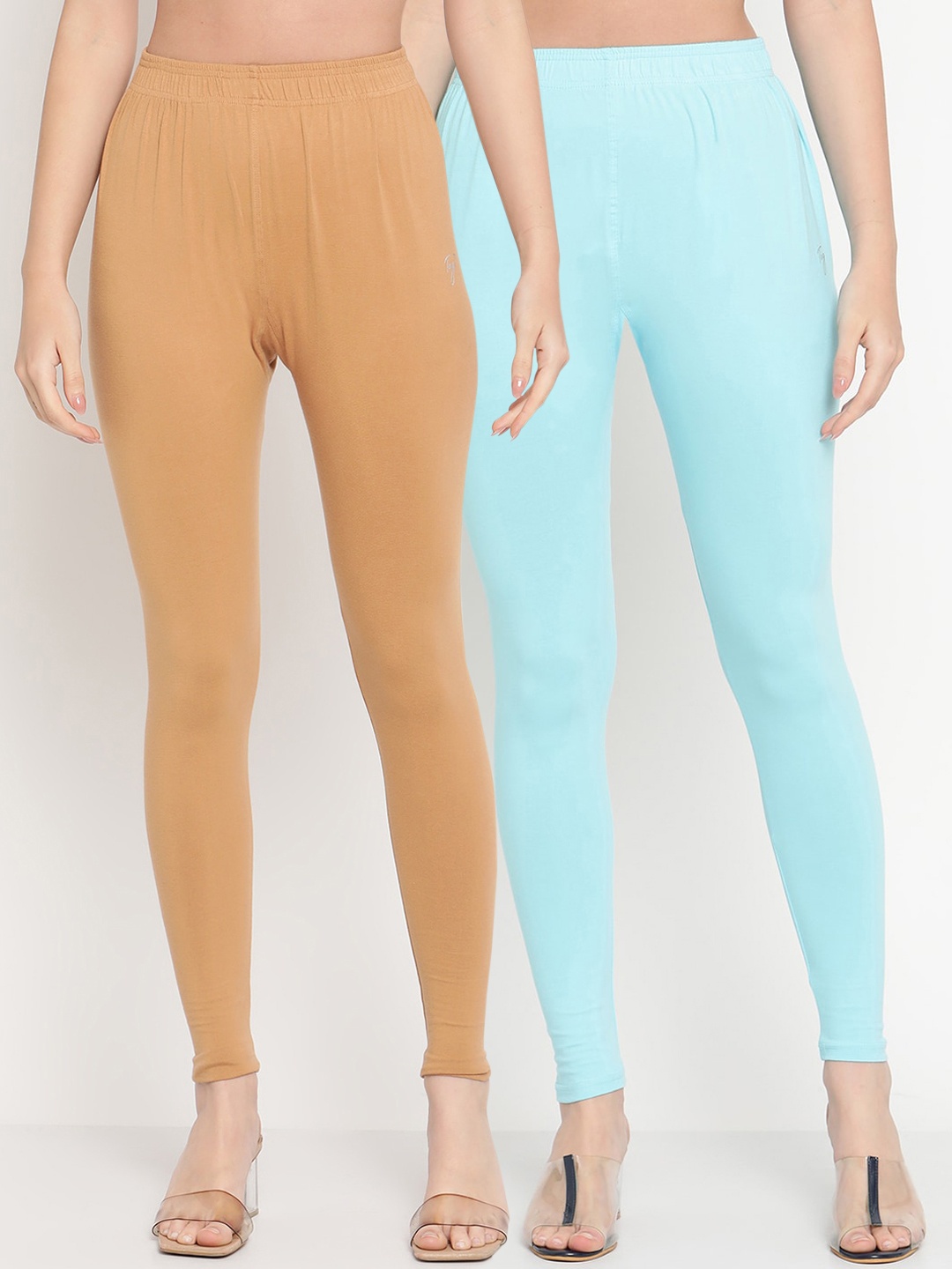 

TAG 7 Women Pack Of 2 Beige and Blue Solid Comfort-Fit Ankle-Length Leggings