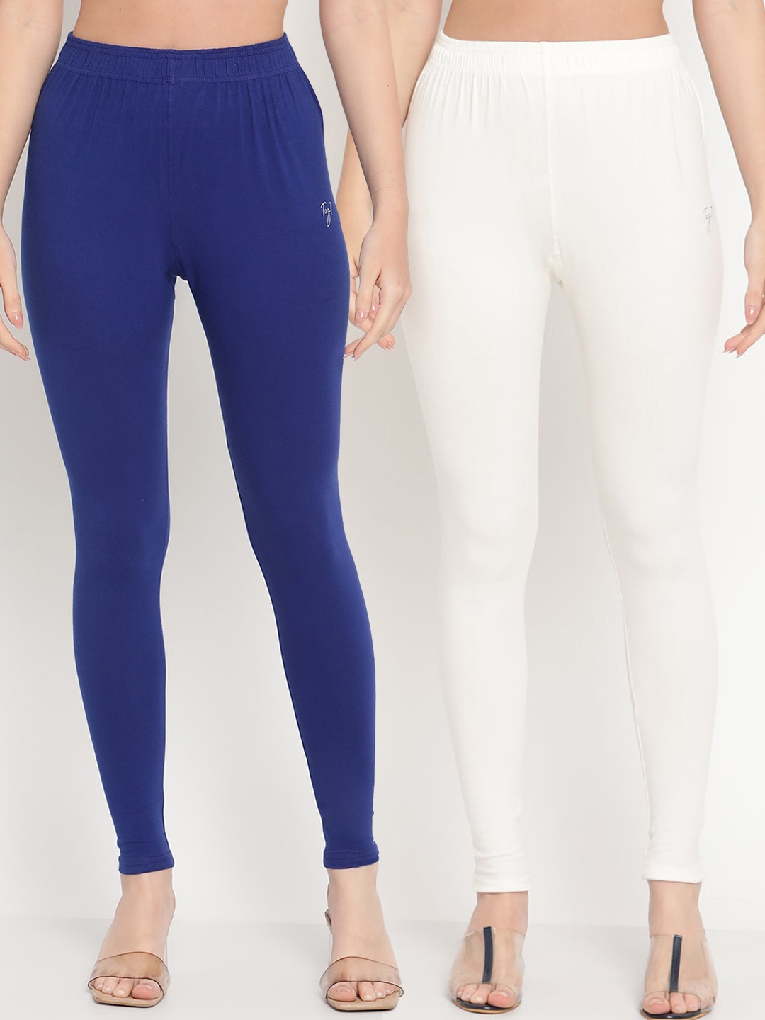 

TAG 7 Women Blue & Off- White Pack of 2 Straight Fit Ankle-Length Leggings