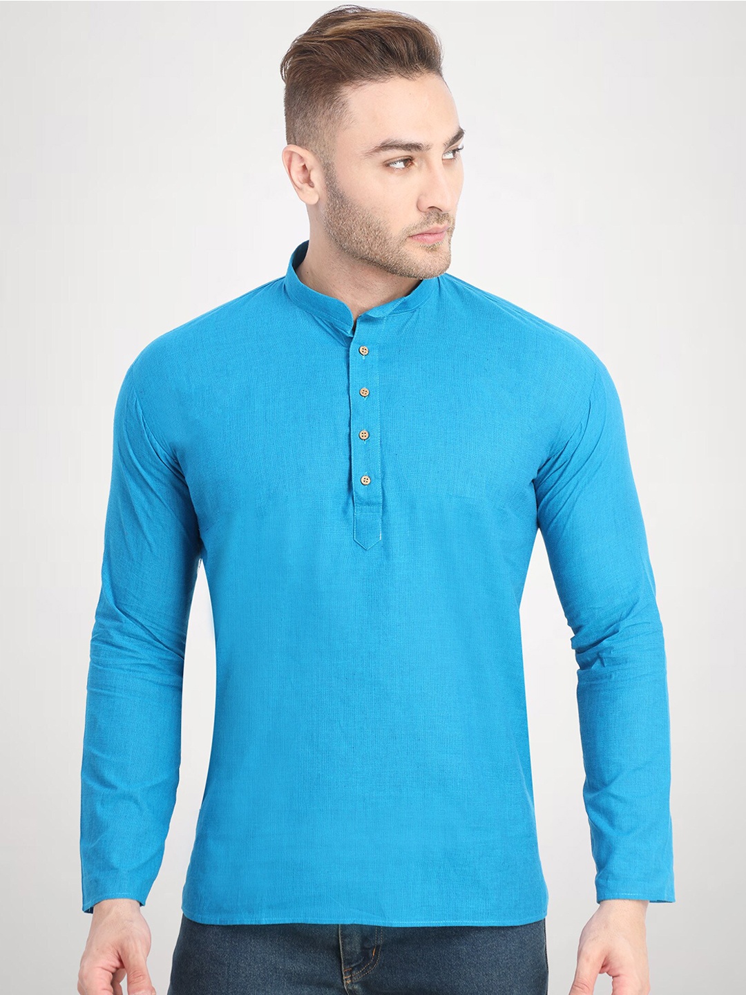 

RG DESIGNERS Men Blue Solid Handloom Cotton Short Kurta