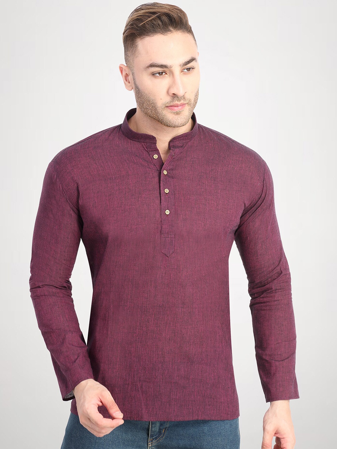 

RG DESIGNERS Men Burgundy Solid Handloom Cotton Short Kurta