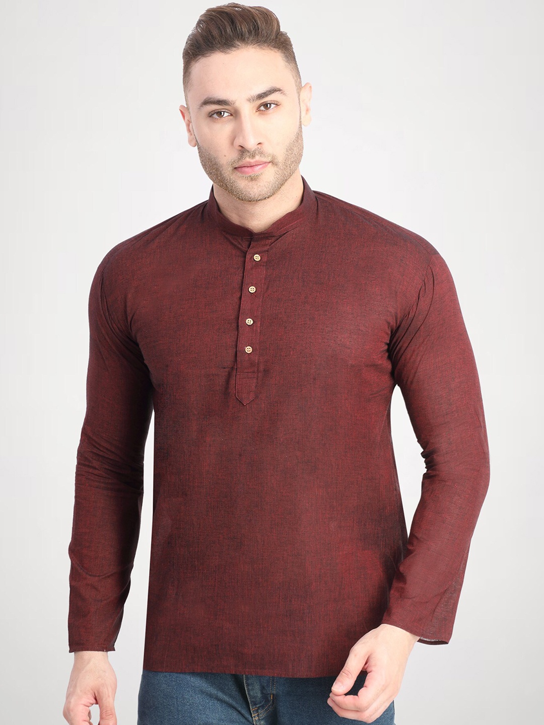 

RG DESIGNERS Men Brown Solid Handloom Cotton Short Kurta