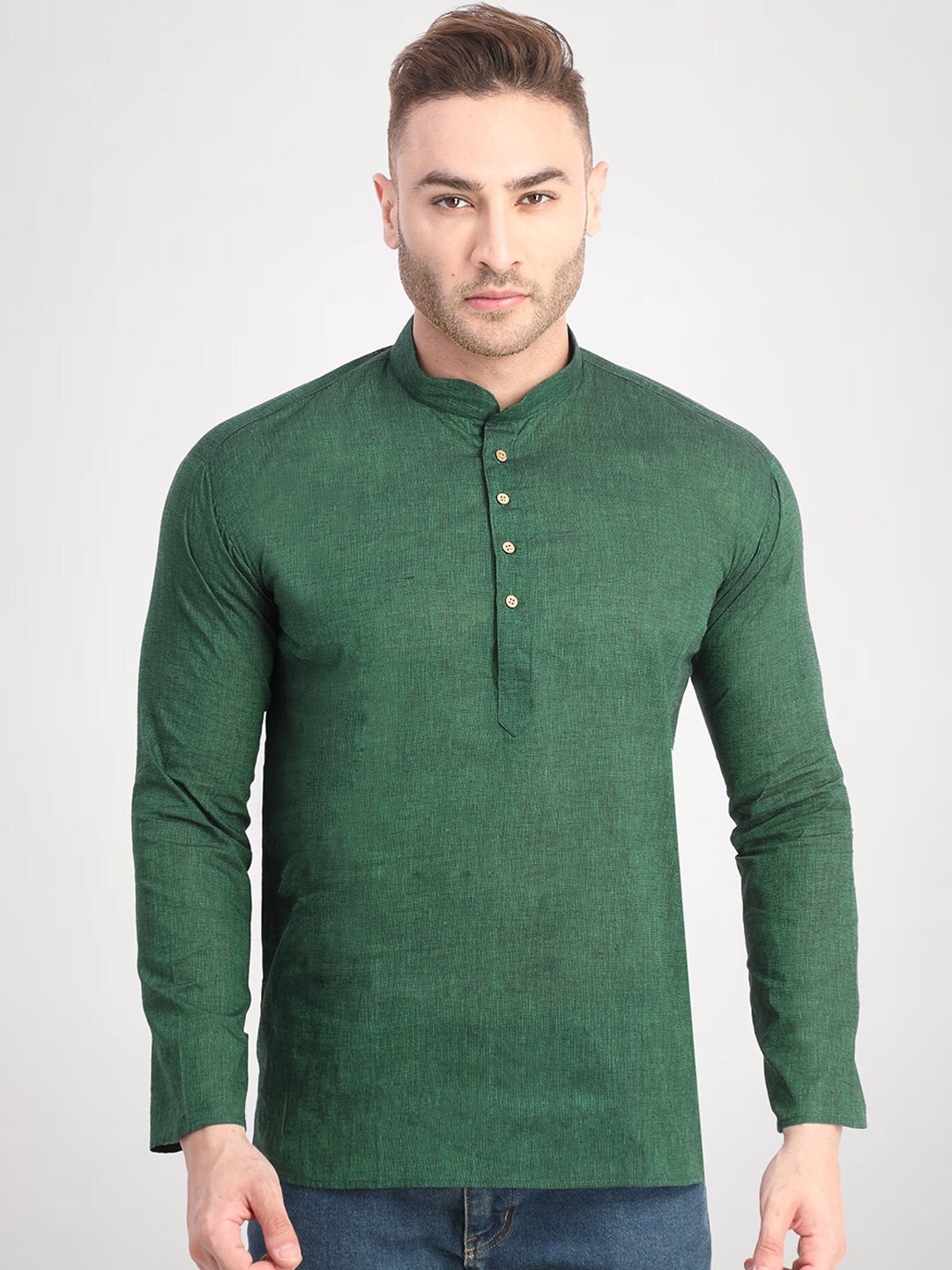 

RG DESIGNERS Men Green Solid Handloom Cotton Short Kurta
