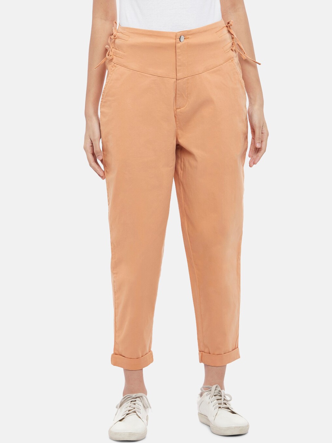 

People Women Tan Carrot Slim Fit Cotton Trousers