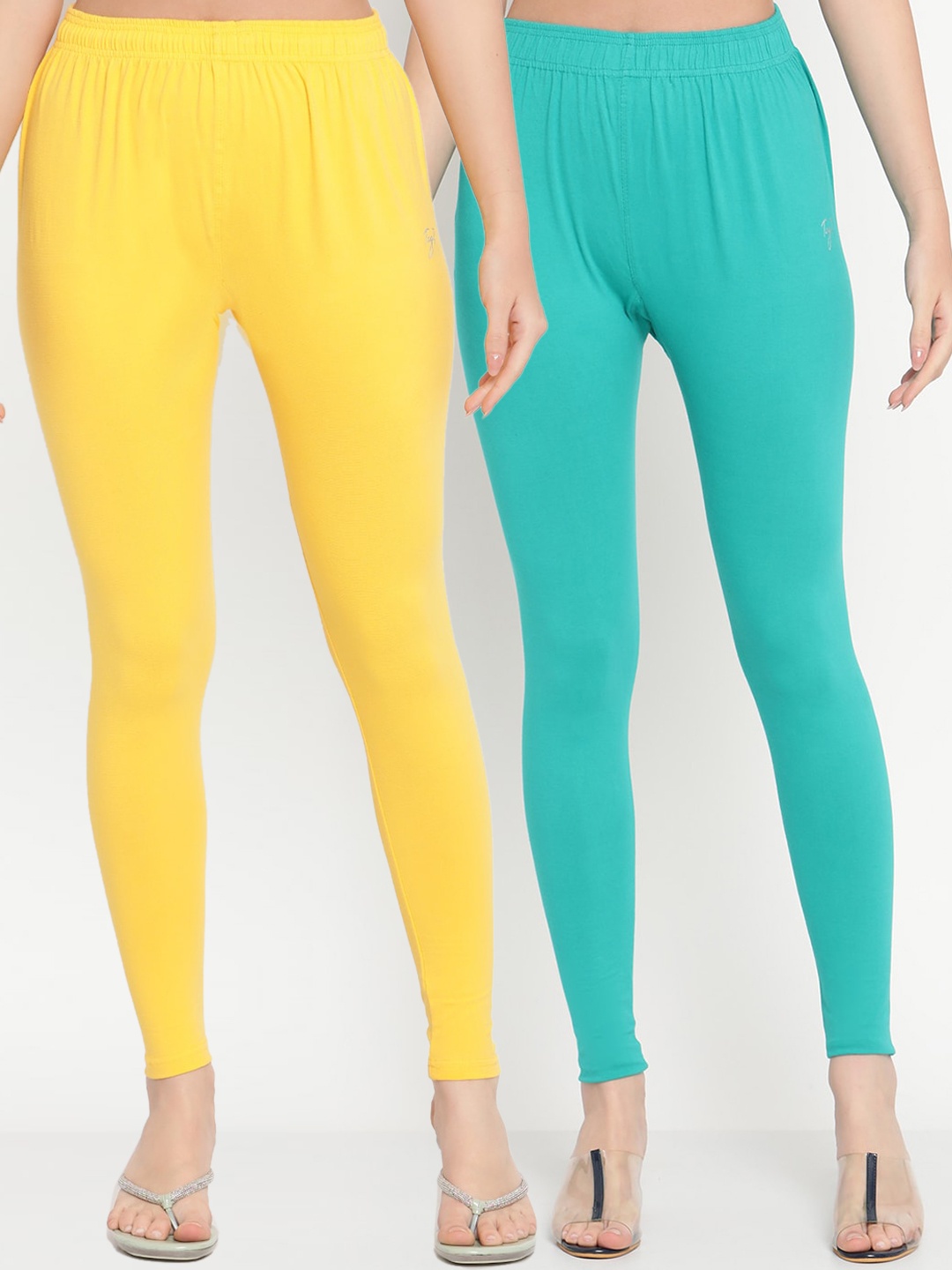 

TAG 7 Women Pack of 2 Turquoise Blue & Yellow Solid Ankle Length Leggings
