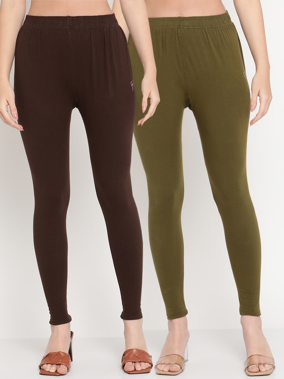 

TAG 7 Women Pack Of 2 Olive & Brown Solid Ankle Length Leggings
