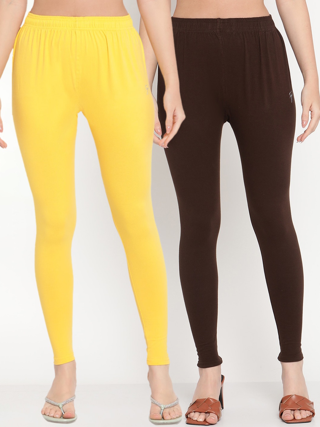 

TAG 7 Women Pack Of 2 Yellow & Brown Solid Comfort-Fit Ankle-Length Leggings