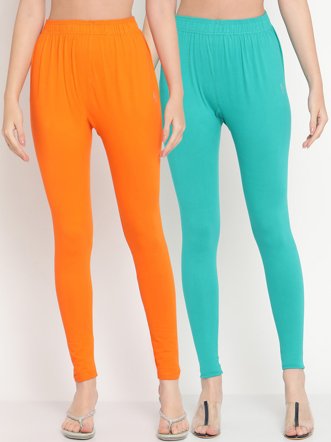 

TAG 7 Women Pack of 2 Turquoise Blue & Orange Solid Ankle Length Leggings