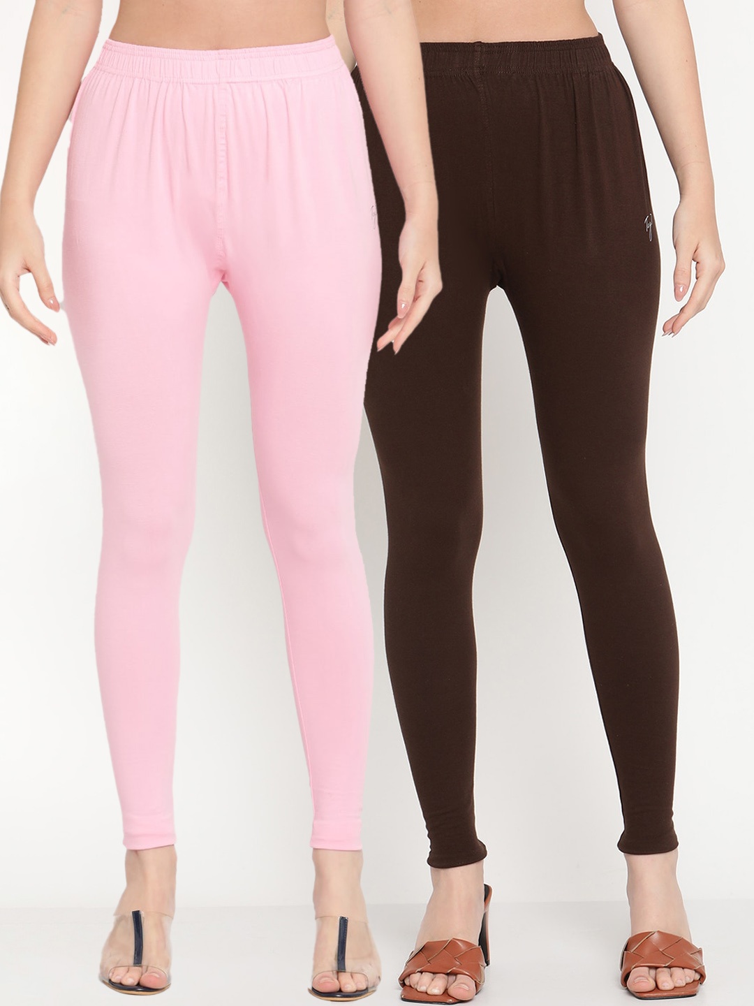 

TAG 7 Women Pack Of 2 Solid Comfort-Fit Ankle-Length Leggings, Pink