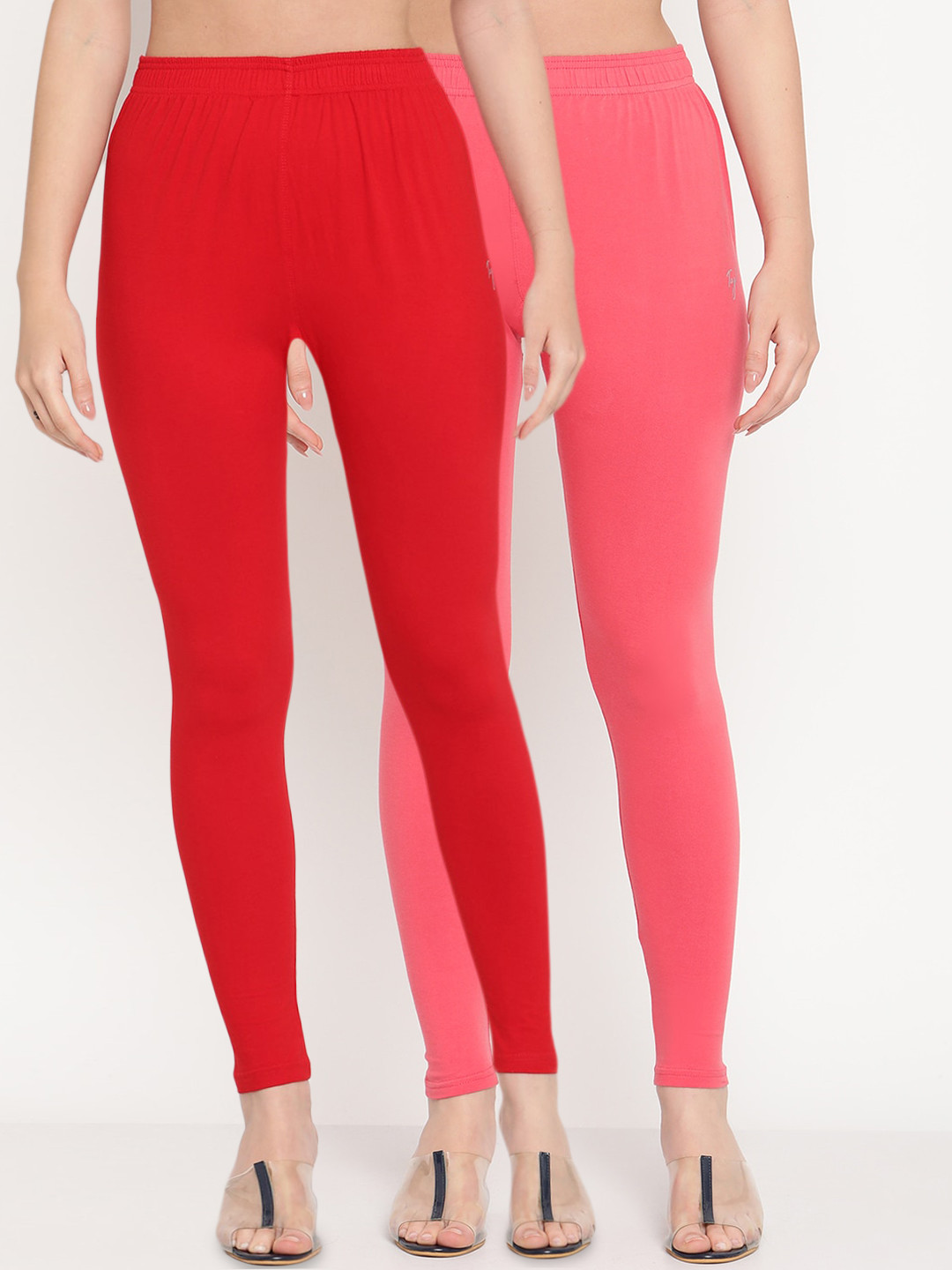 

TAG 7 Women Red & Peach Solid Ankle-Length Leggings Pack Of 2