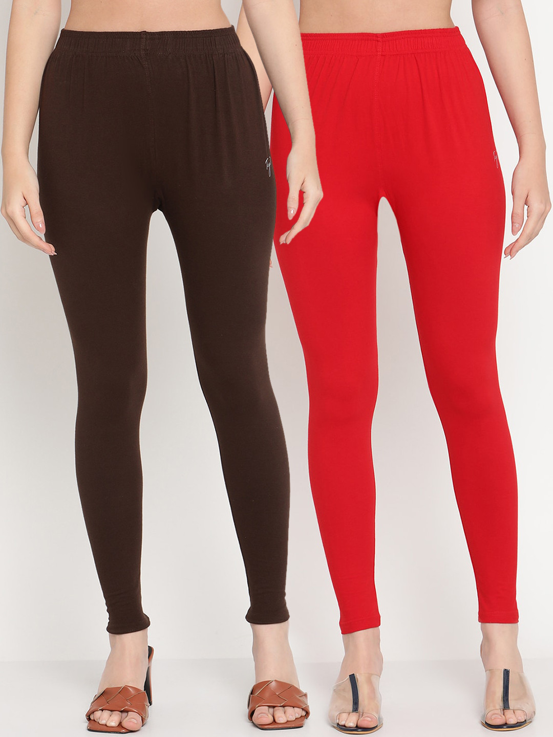 

TAG 7 Women Pack Of 2 Solid Comfort-Fit Ankle-Length Leggings, Red