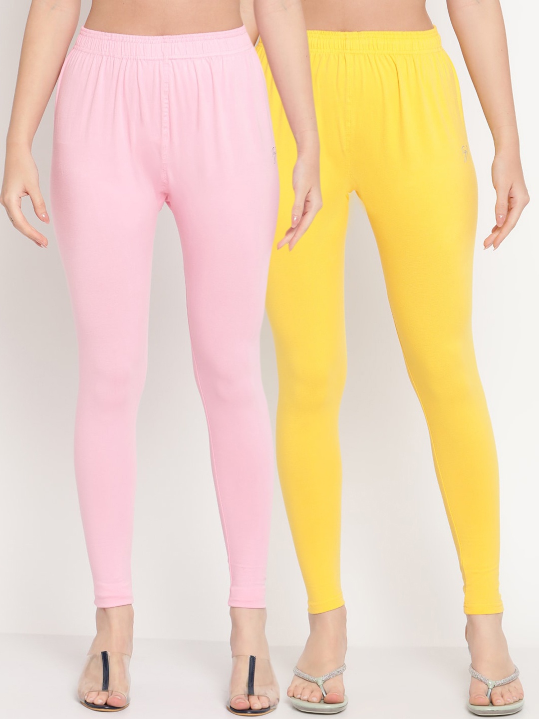 

TAG 7 Women Pack Of 2 Solid Comfort-Fit Ankle-Length Leggings 98% Cotton, Pink