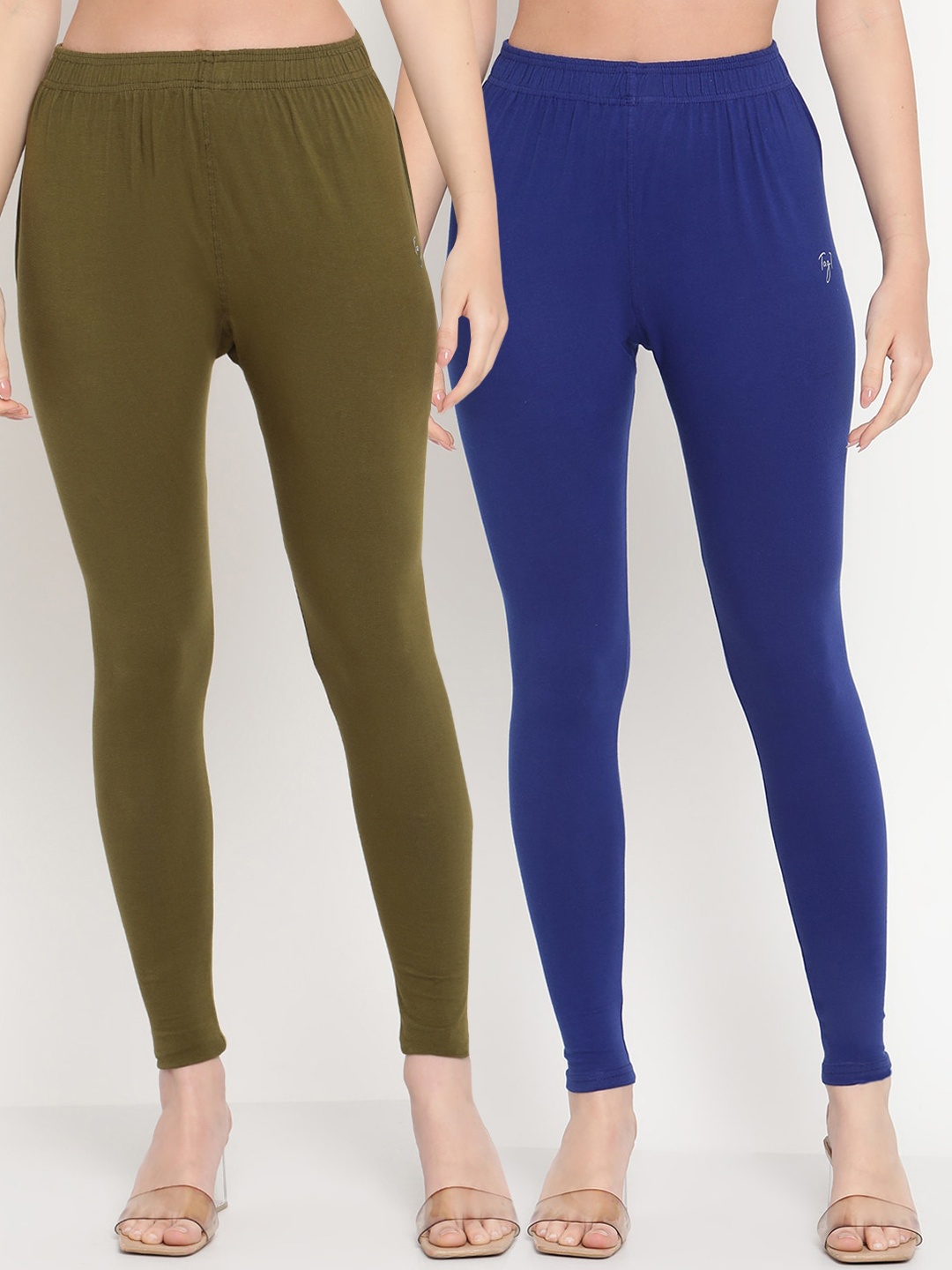 

TAG 7 Women Pack of 2 Solid Comfort Fit Ankle Length Leggings 98% Cotton, Blue
