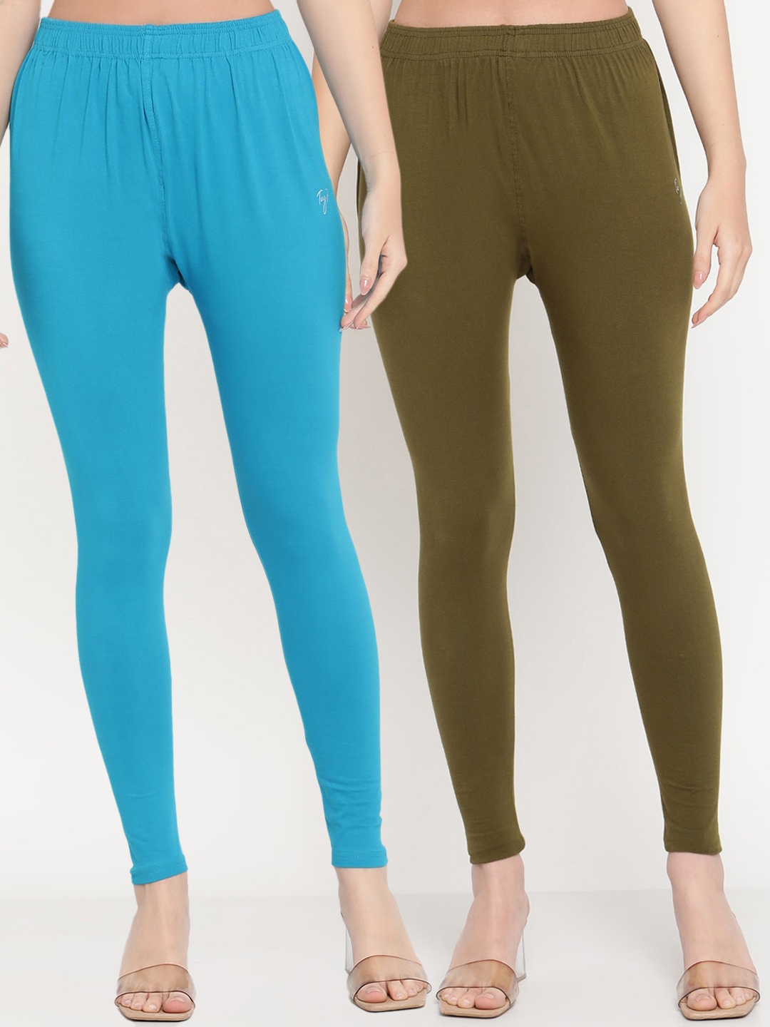 

TAG 7 Women Pack Of 2 Blue & Olive Green Solid Comfort-Fit Ankle-Length Leggings