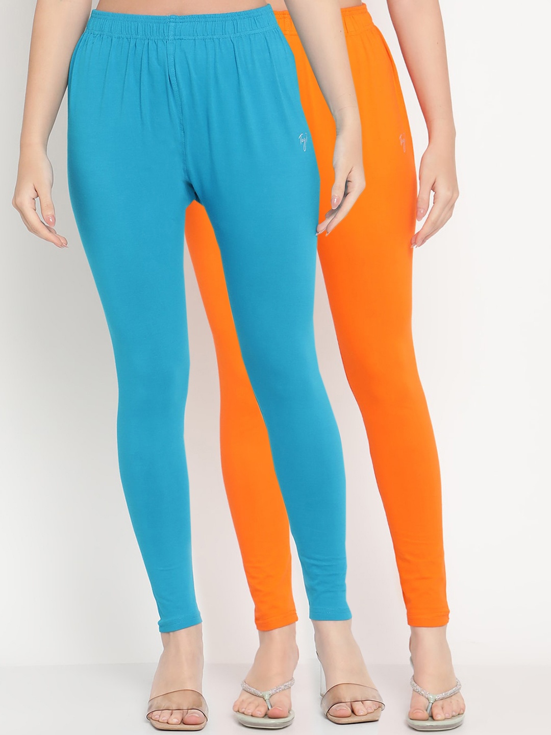 

TAG 7 Women Pack of 2 Blue & Orange Solid Comfort Fit Ankle Length Leggings