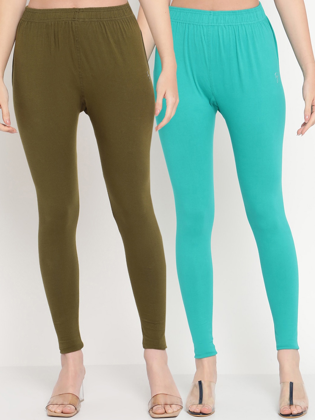 

TAG 7 Women Pack Of 2 Solid Comfort-Fit Ankle-Length Leggings, Olive