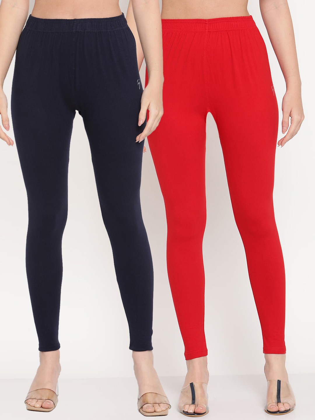 

TAG 7 Women Pack Of 2 Red and Navy Blue Solid Comfort-Fit Ankle-Length Leggings