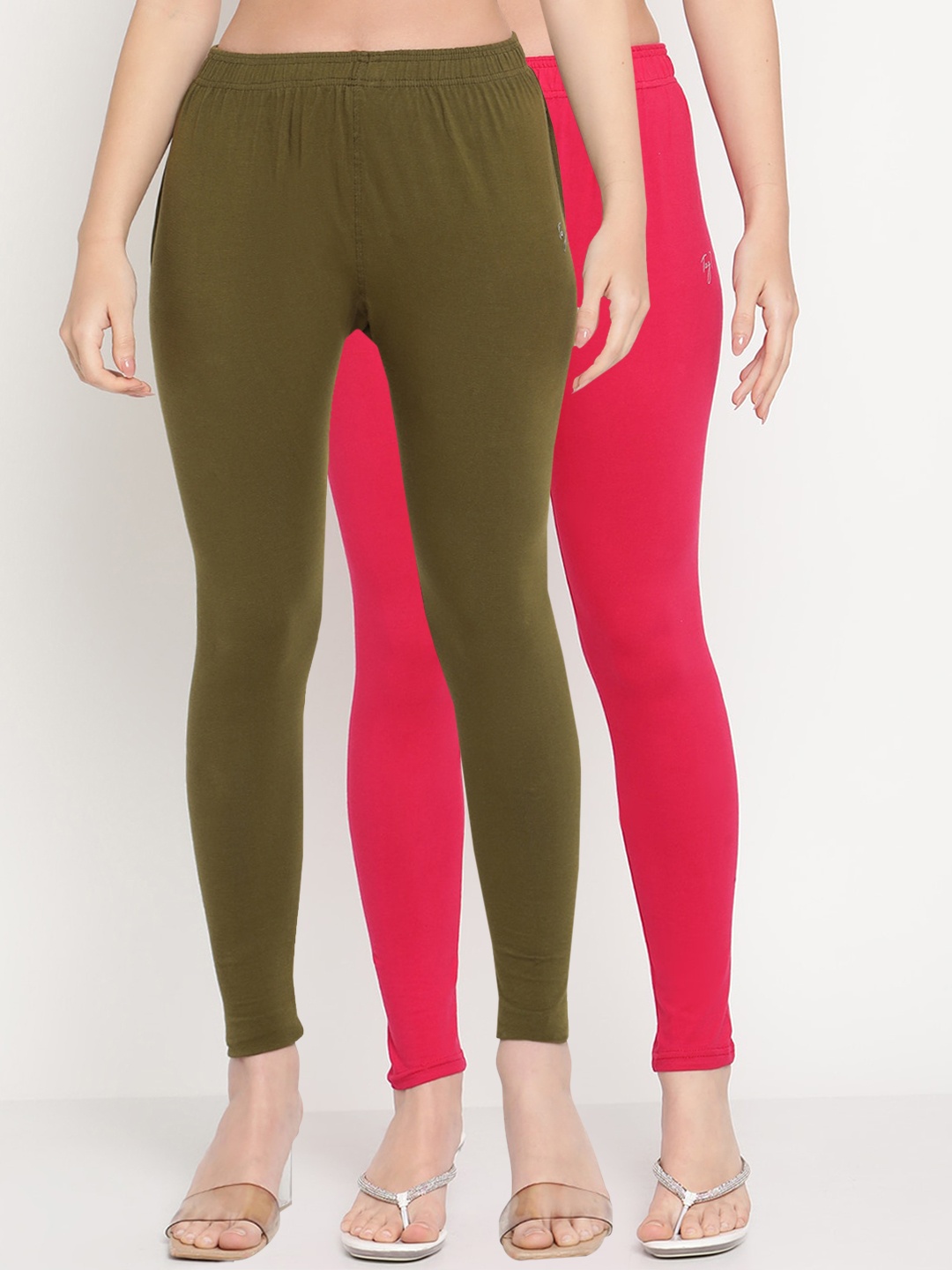 

TAG 7 Women Pack Of 2 Solid Comfort-Fit Ankle-Length Cotton Leggings, Olive