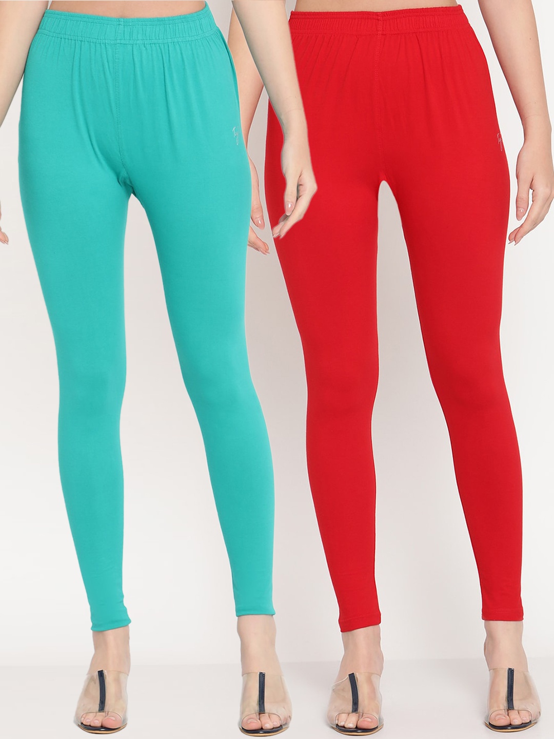 

TAG 7 Women Pack of 2 Red & Turquoise Blue Solid Ankle Length Leggings