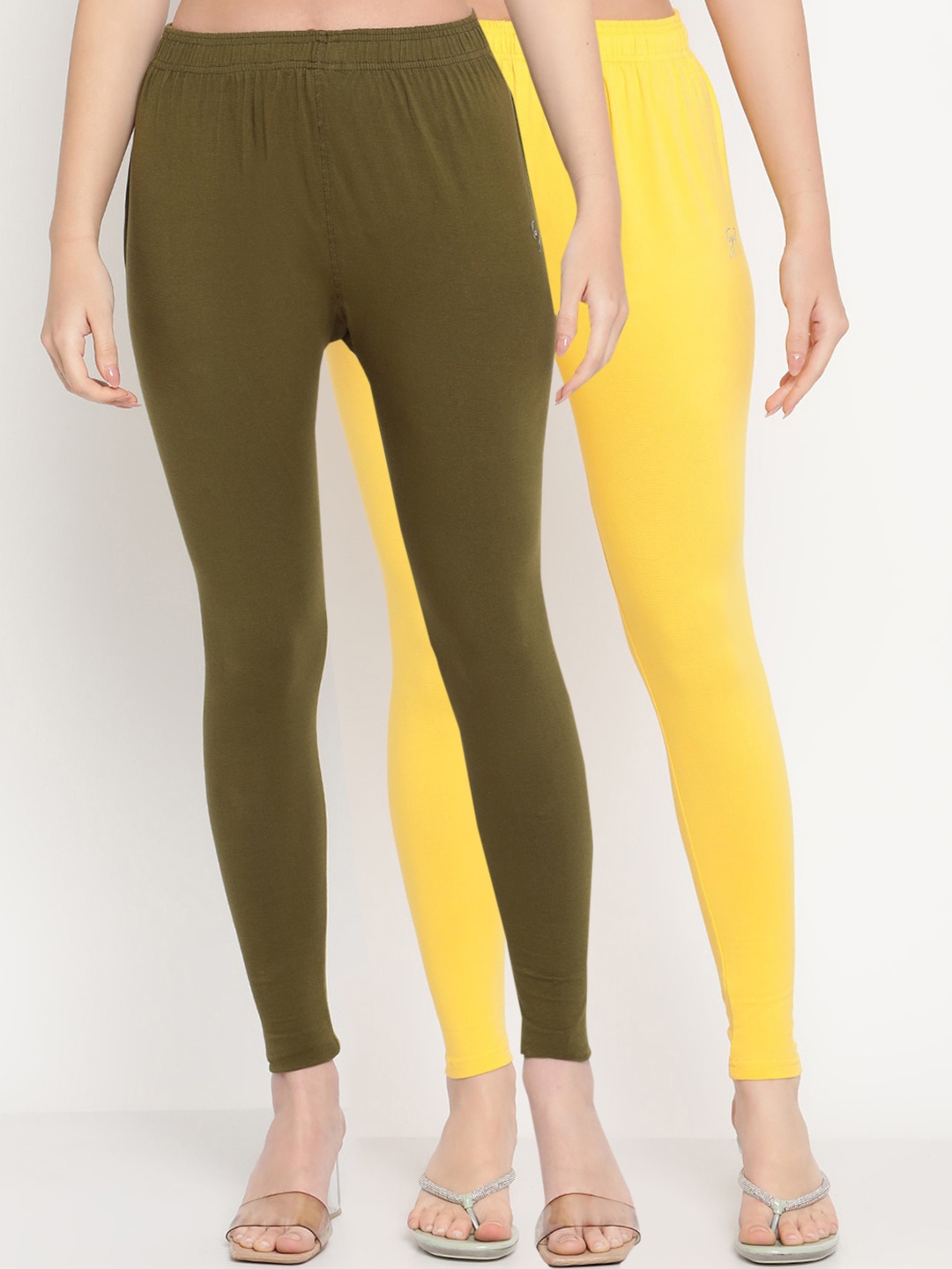 

TAG 7 Women Pack Of 2 Solid Comfort-Fit Ankle-Length Leggings, Olive