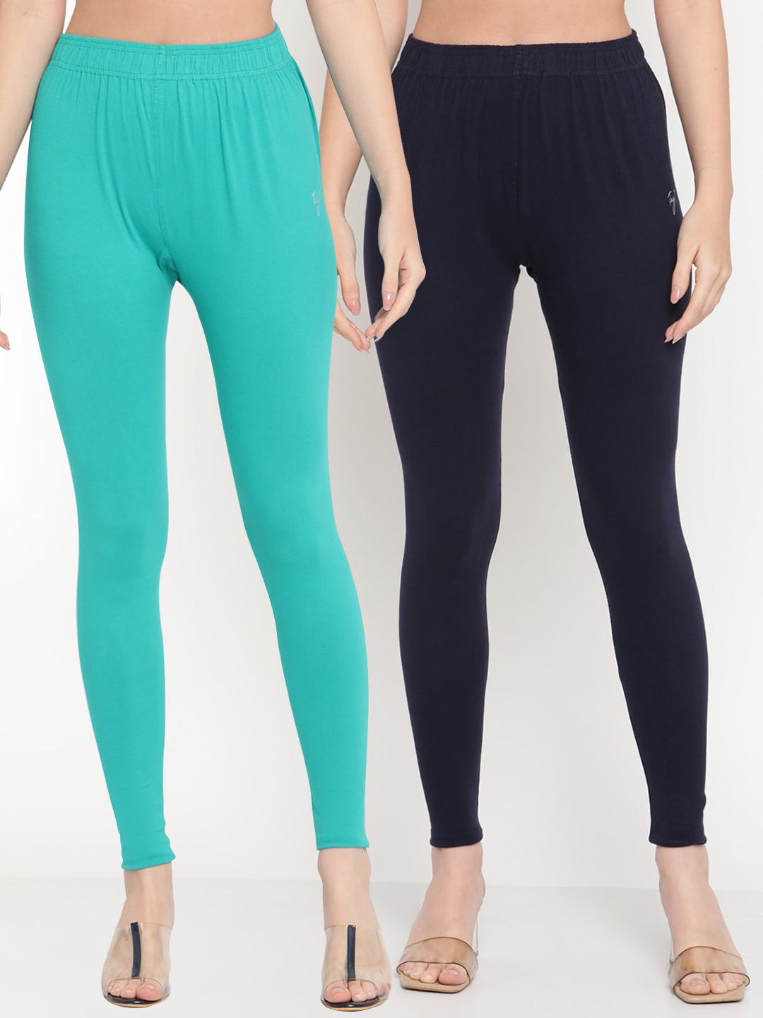 

TAG 7 Women Pack Of 2 Solid Comfort-Fit Ankle-Length Leggings, Turquoise blue