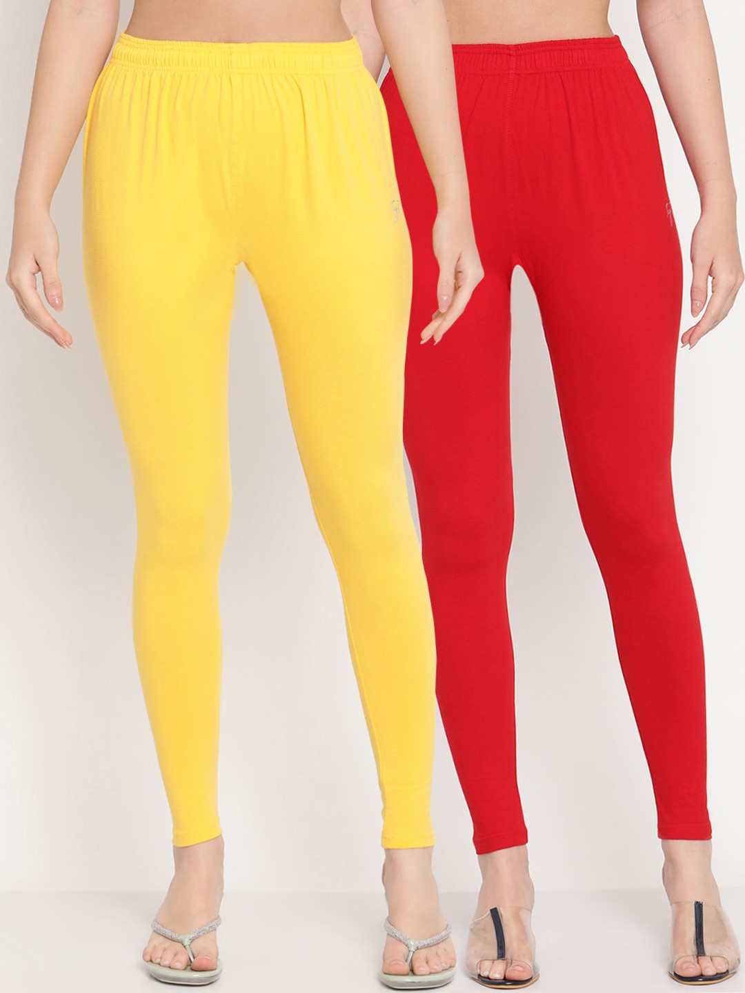 

TAG 7 Women Pack Of 2 Yellow and Red Solid Comfort-Fit Ankle-Length Leggings