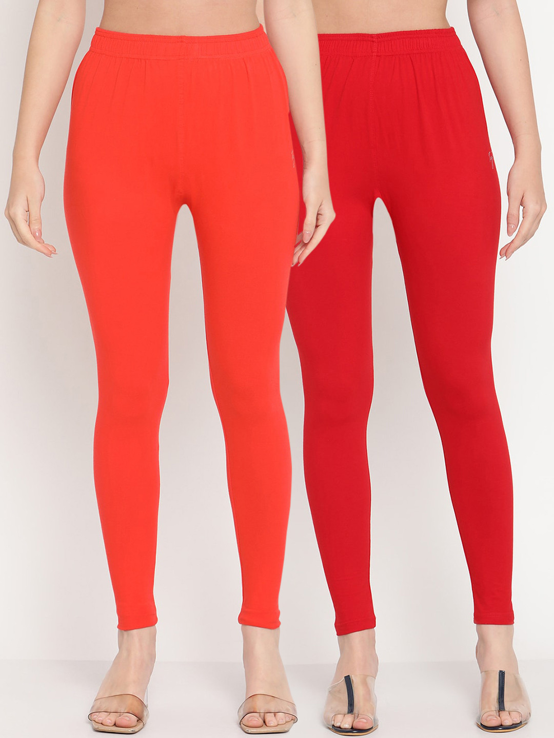 

TAG 7 Women Pack Of 2 Red & Orange Solid Comfort-Fit Ankle-Length Leggings