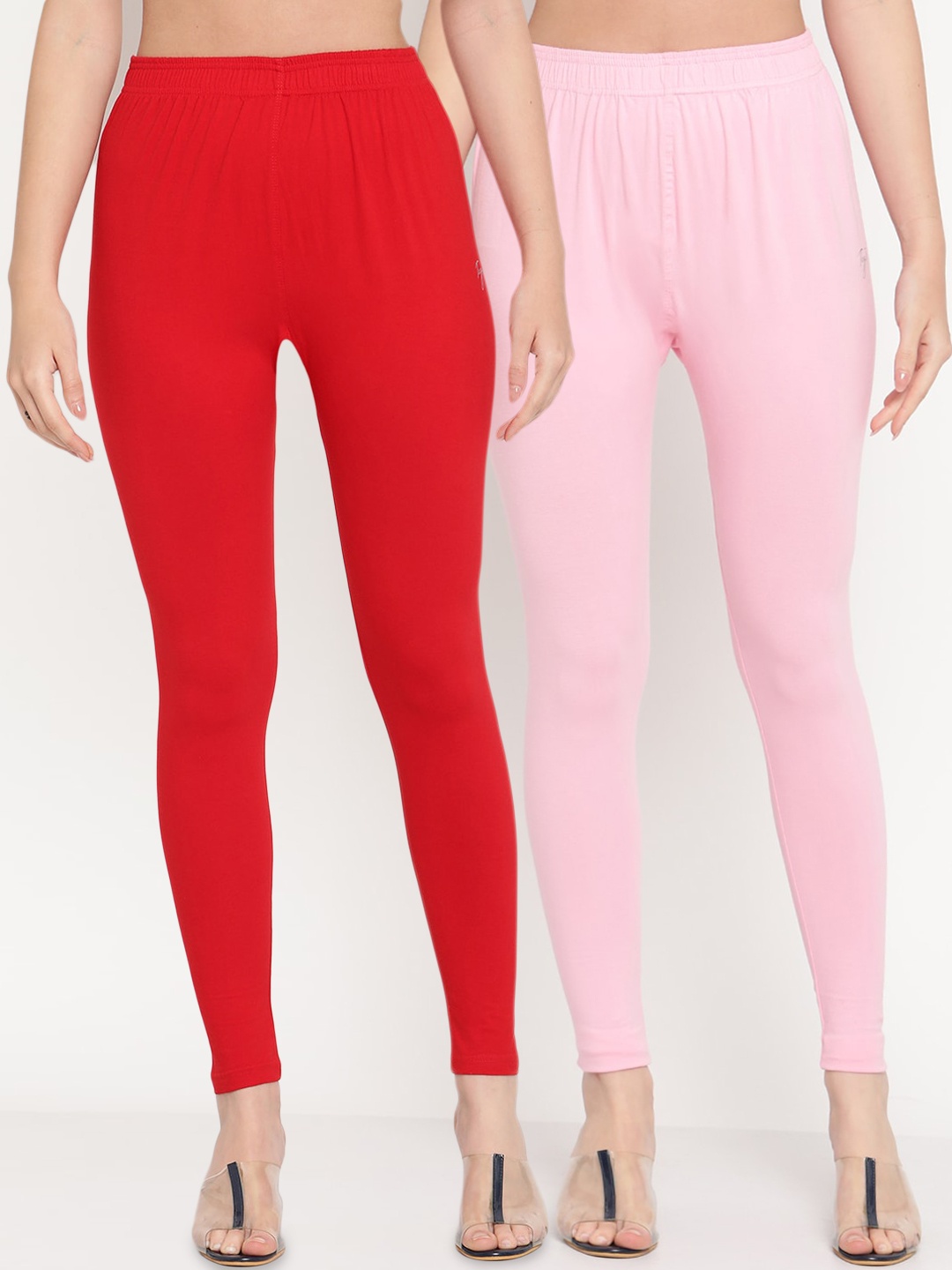 

TAG 7 Women Pack Of 2 Solid Comfort-Fit Ankle-Length Leggings, Red