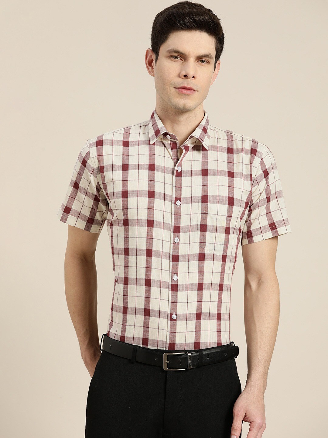 

Hancock Men Cream-Coloured Slim Fit Tartan Checks Checked Formal Shirt