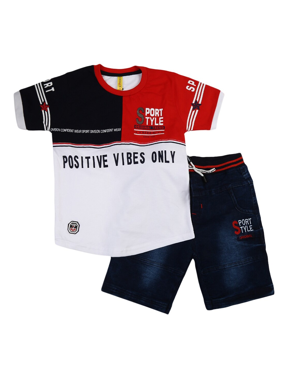 

V-Mart Kids White & Red Colourblocked T-shirt with Denim Shorts