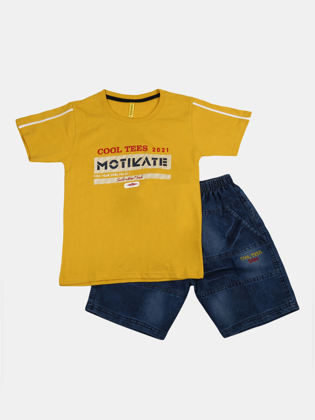 

V-Mart Boys Printed Pure Cotton T-shirt with Denim Shorts Clothing Set, Mustard