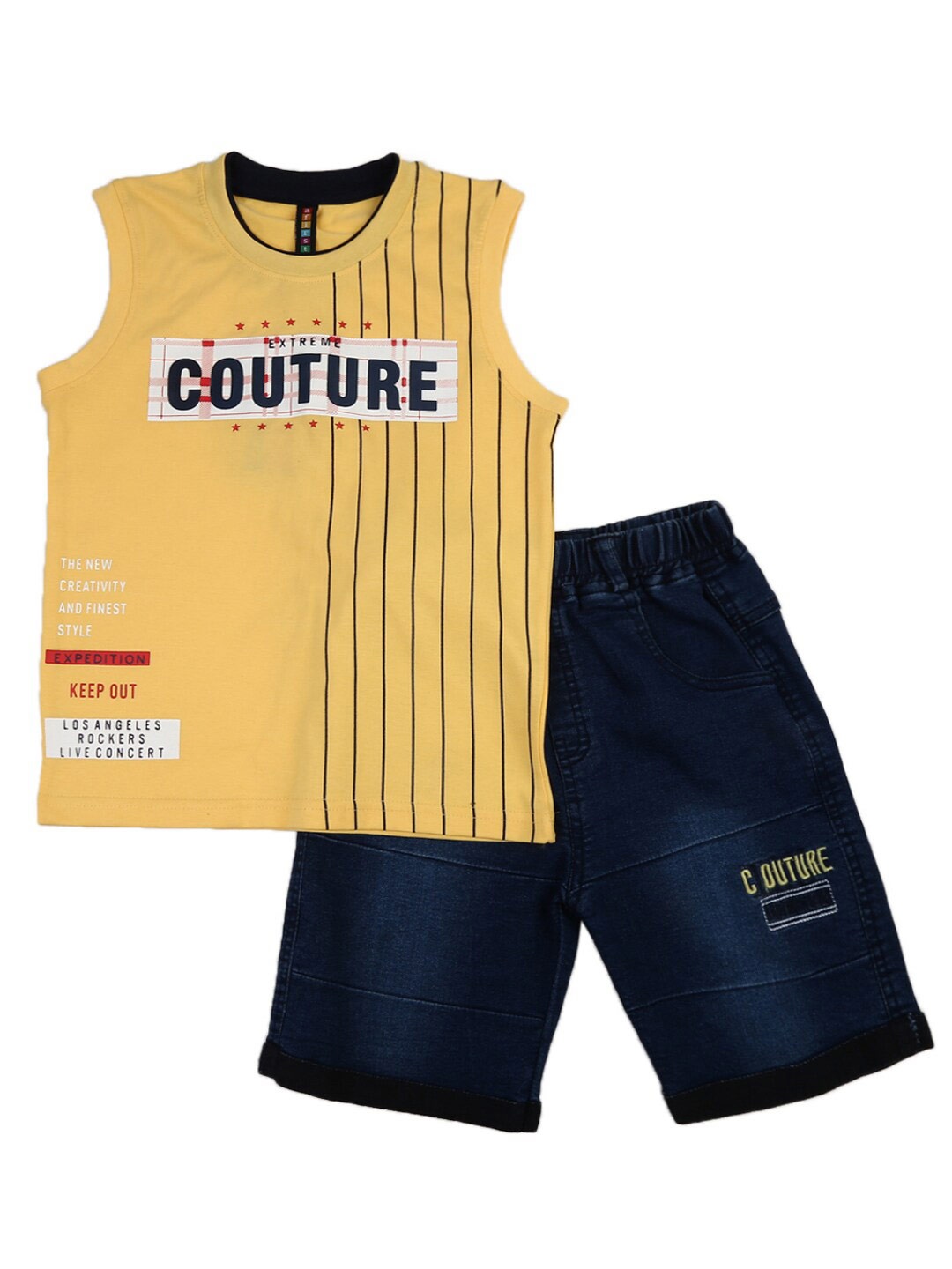

V-Mart Kids Yellow & Black Printed Pure Cotton T-shirt with Trousers