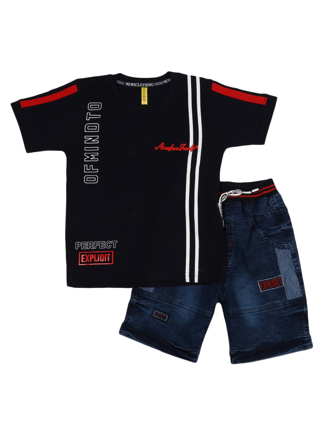 

V-Mart Boys Navy Blue & Red Printed Cotton T-shirt with Shorts