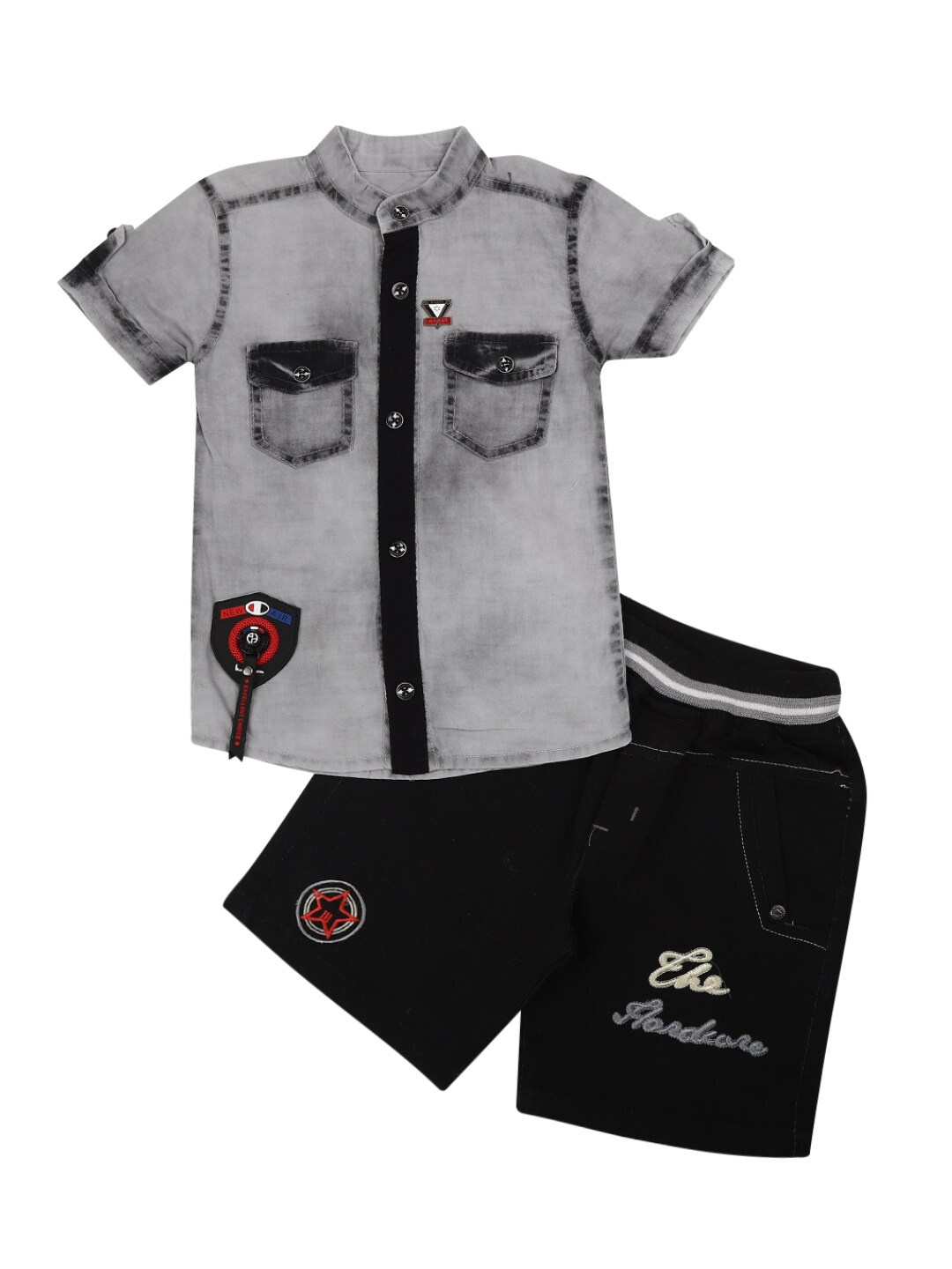 

V-Mart Boys Grey Printed Cotton Shirt with Shorts