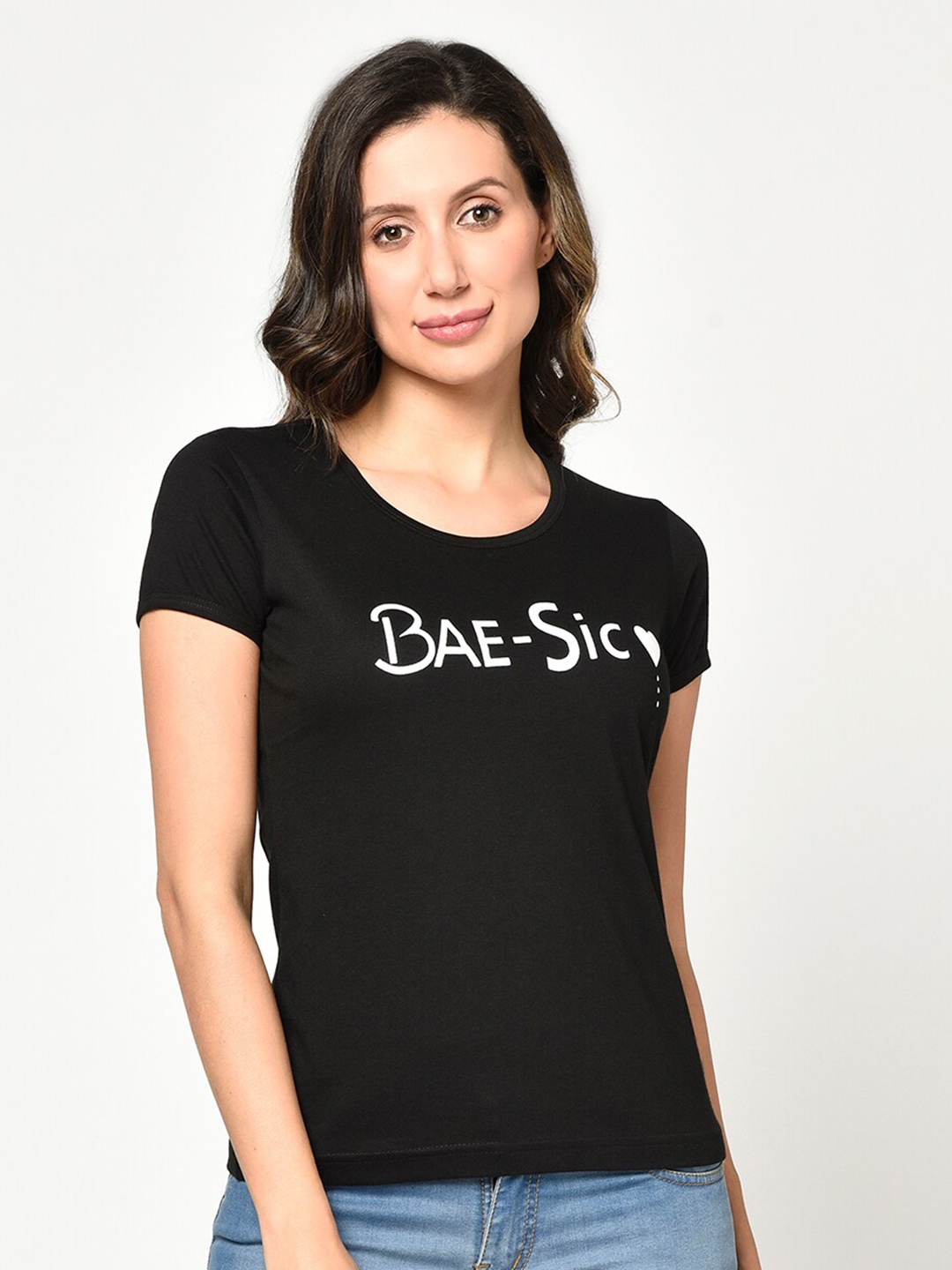 

CUSHYBEE Women Black Typography Printed Pure Cotton T-shirt