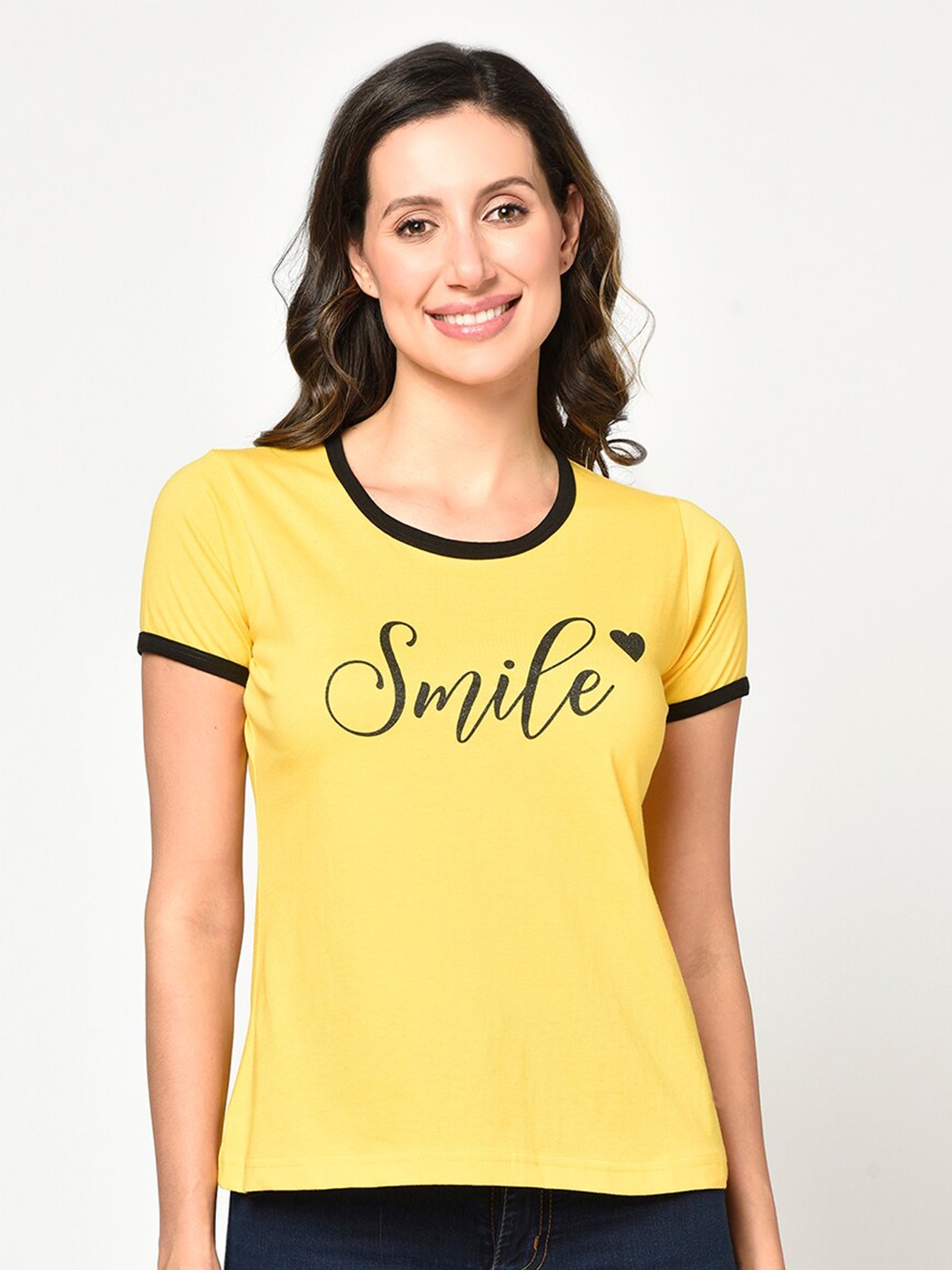 

CUSHYBEE Women Yellow Typography Pure Cotton Printed T-shirt