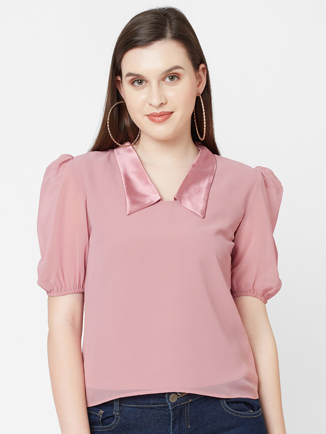

MISH Pink Peter Pan Collar Solid Georgette Top