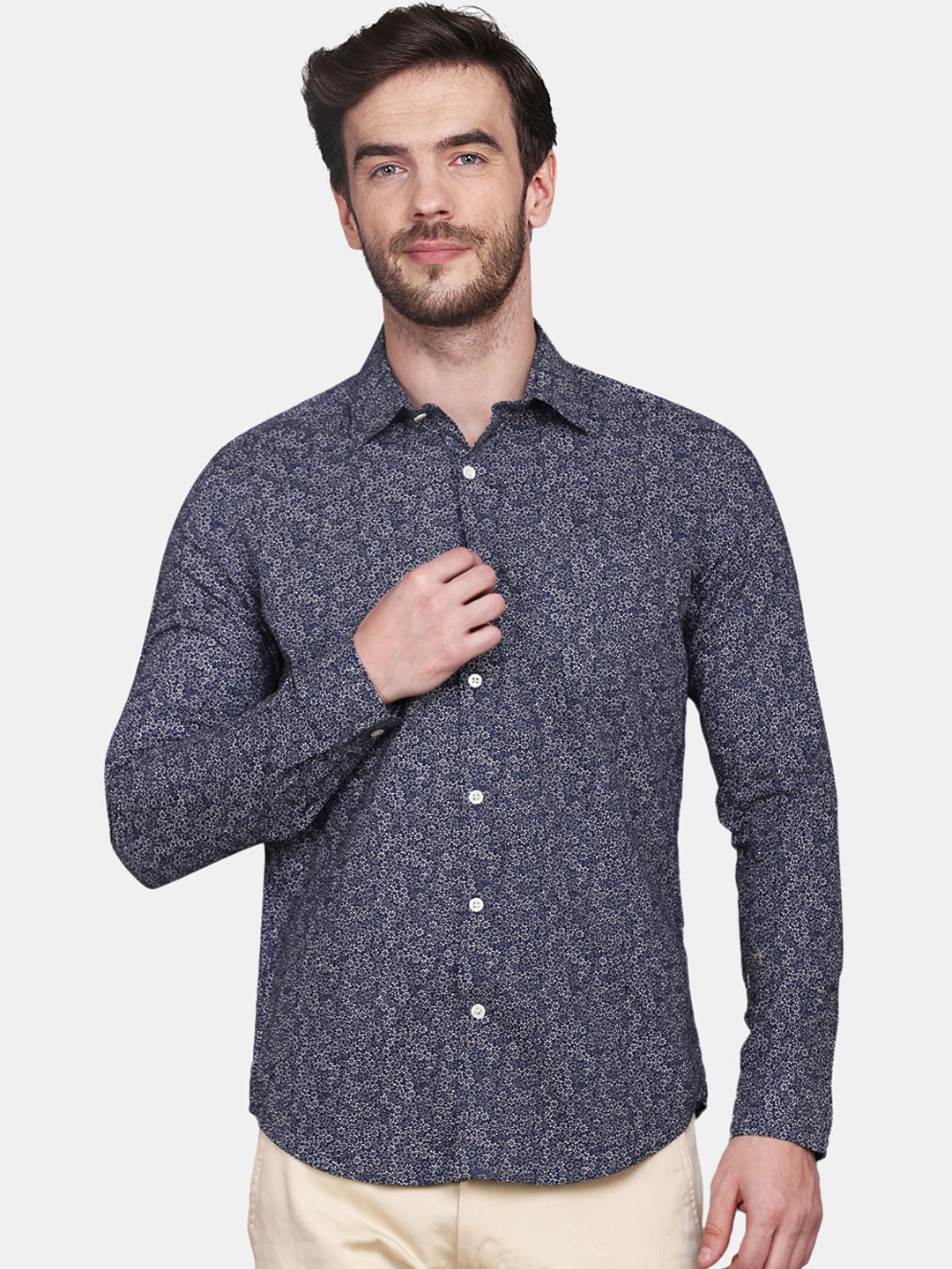 

JJAAGG T Men Navy Blue Classic Printed Pure Cotton Casual Shirt