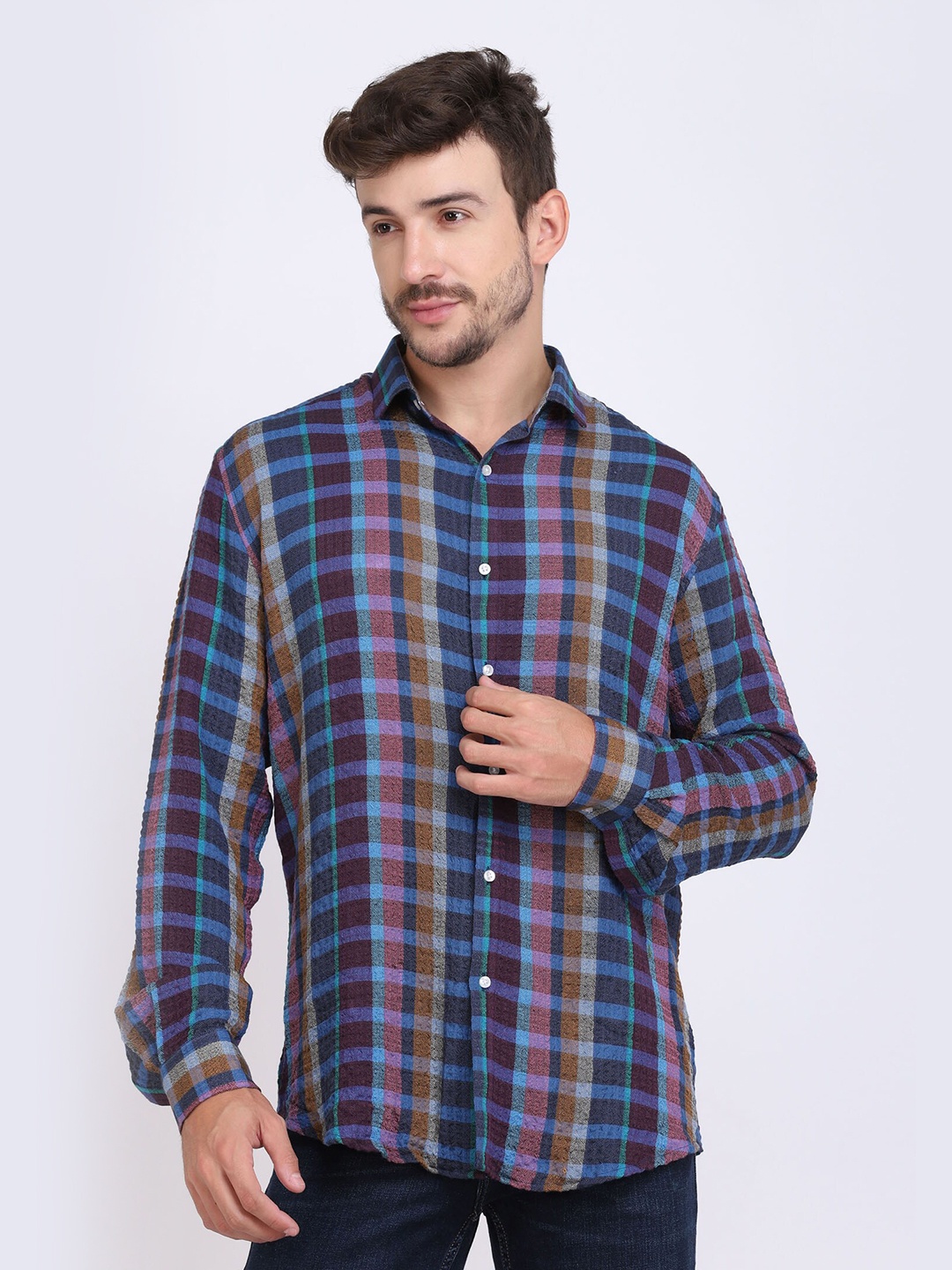 

JJAAGG T Men Blue Classic Checked Casual Shirt