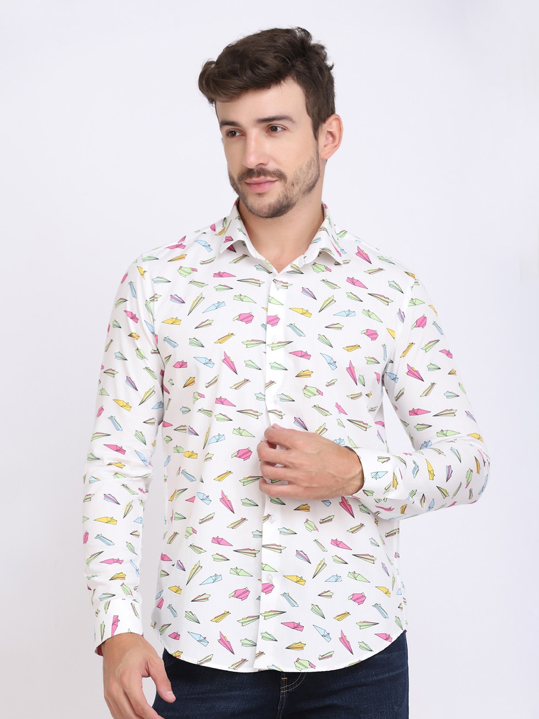 

JJAAGG T Men White Classic Printed Casual Shirt