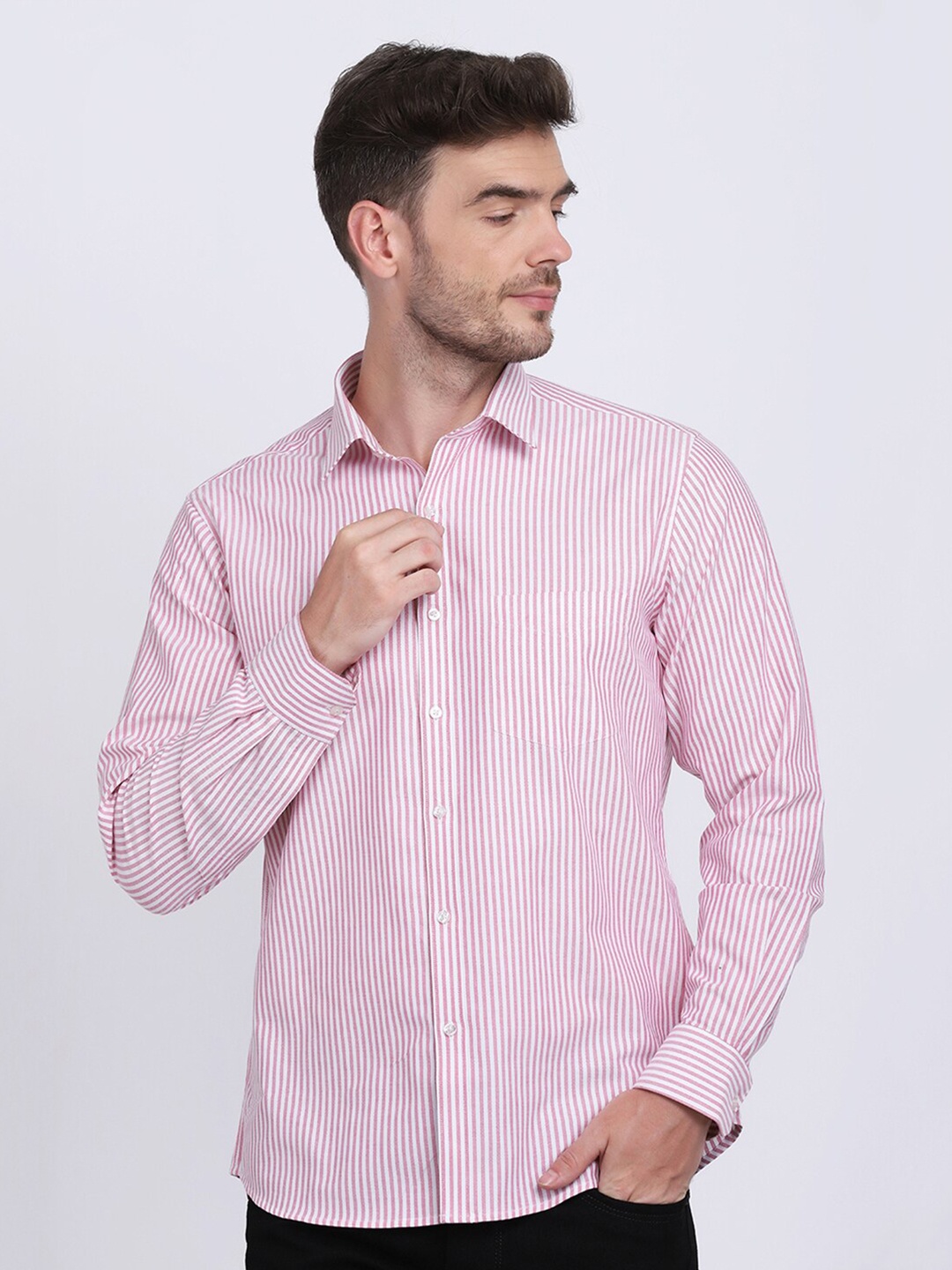 

JJAAGG T Men Pink Classic Slim Fit Striped Casual Shirt