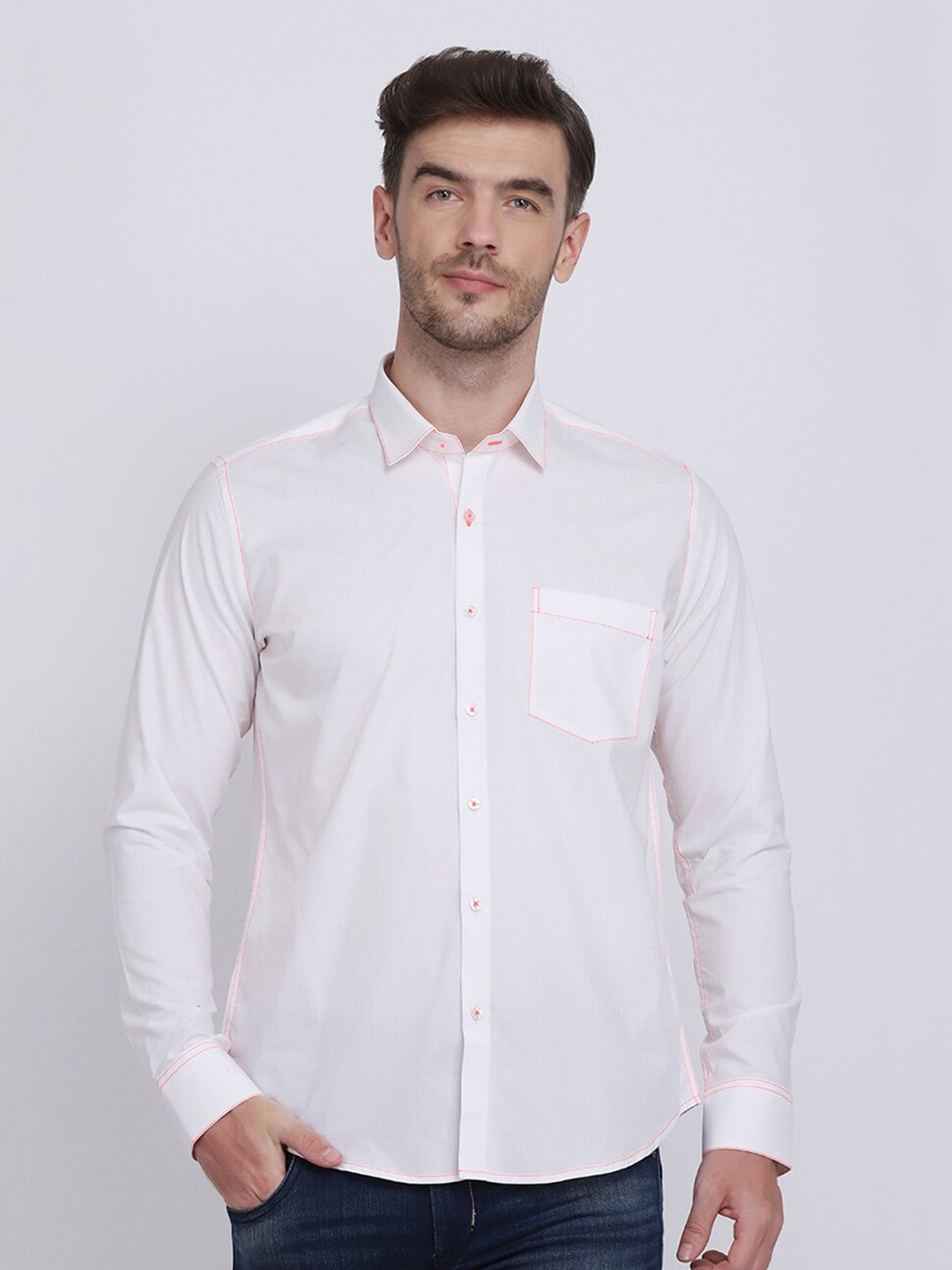 

JJAAGG T Men White Regular Fit Classic Cotton Casual Shirt Contrast Stitching Detailed