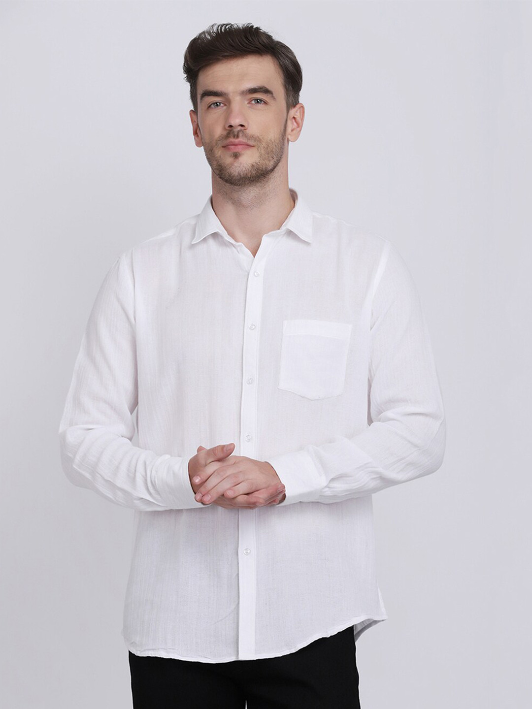 

JJAAGG T Men White Classic Crinkled Pure Cotton Casual Shirt
